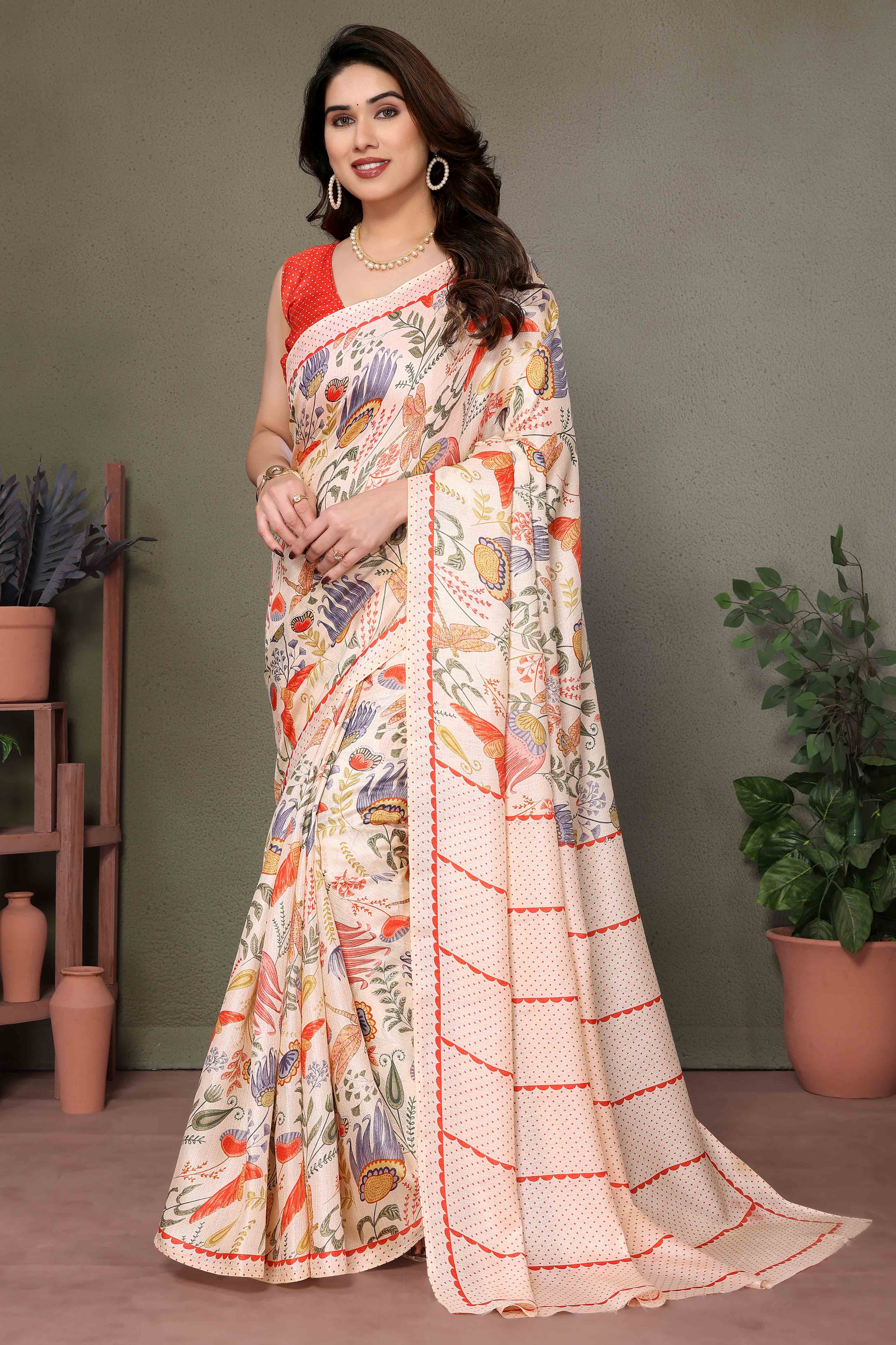 Cream Floral Printed Khaadi Saree