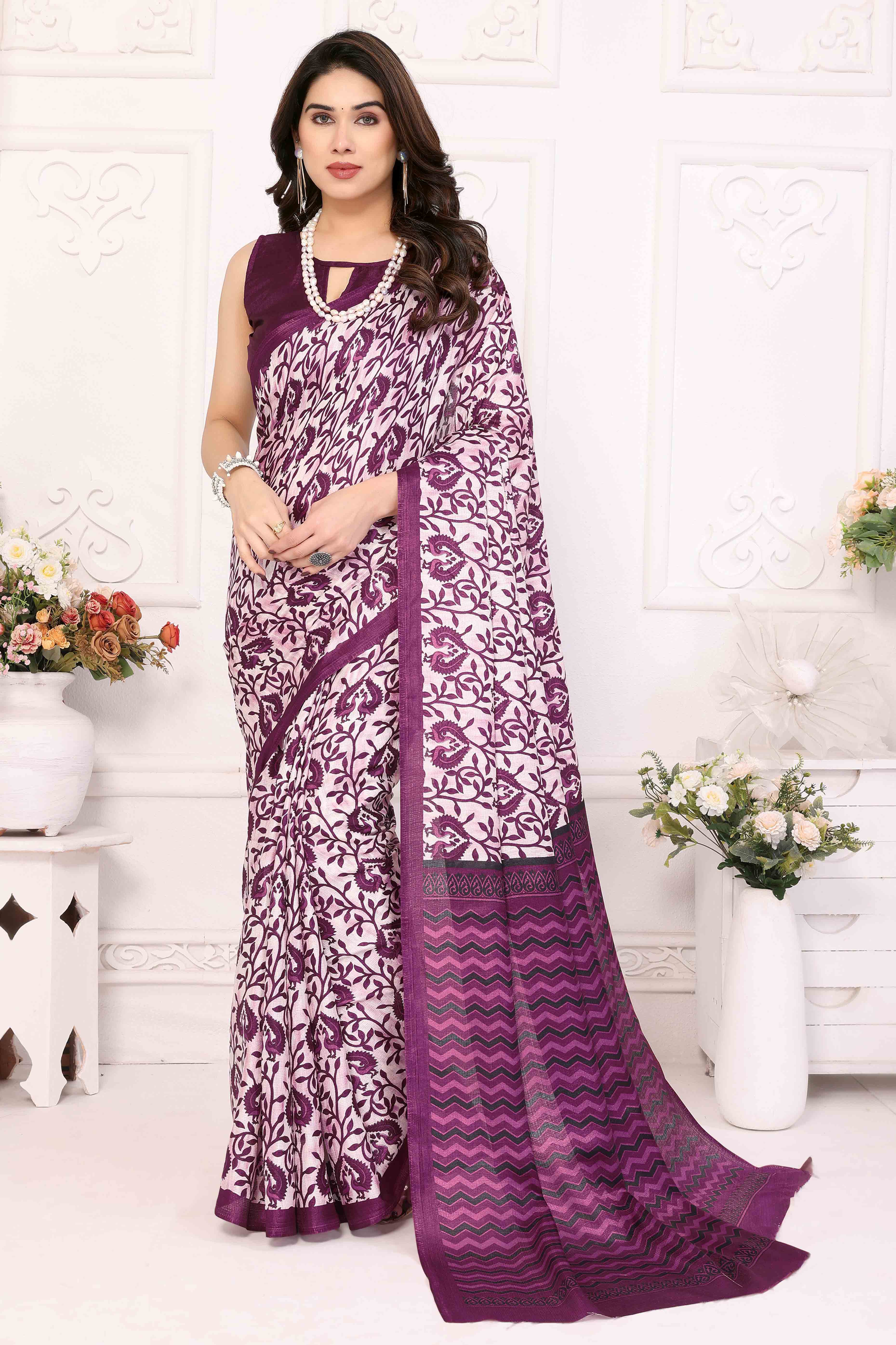 Purple Floral Printed Khaadi Saree