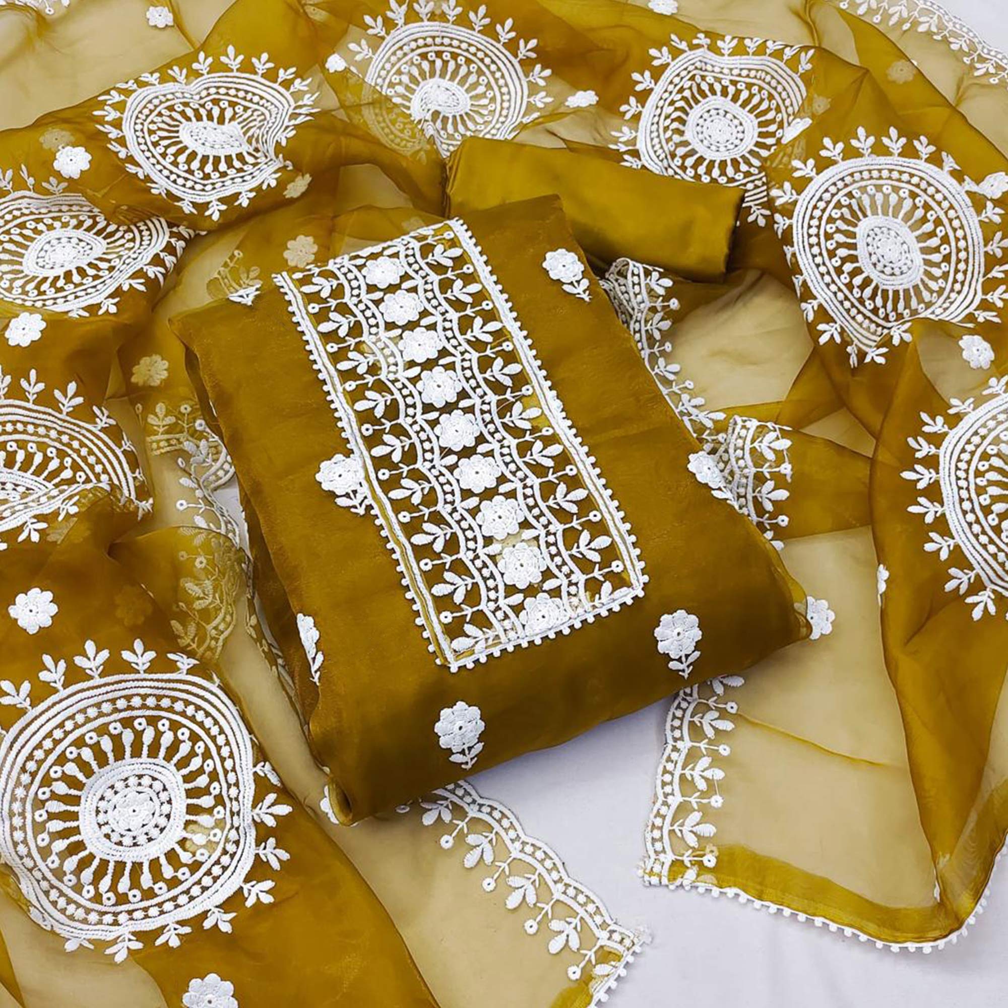Dark Mustard Floral Embroidered Organza Dress Material