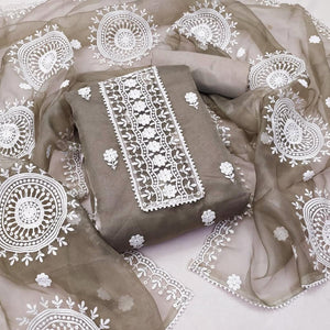 Grey Floral Embroidered Organza Dress Material