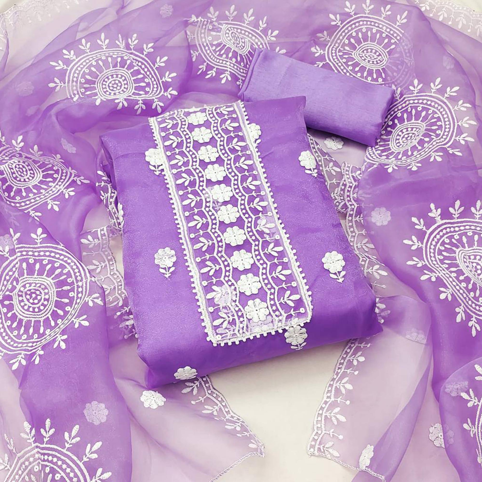 Light Purple Floral Embroidered Organza Dress Material