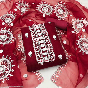 Maroon Floral Embroidered Organza Dress Material