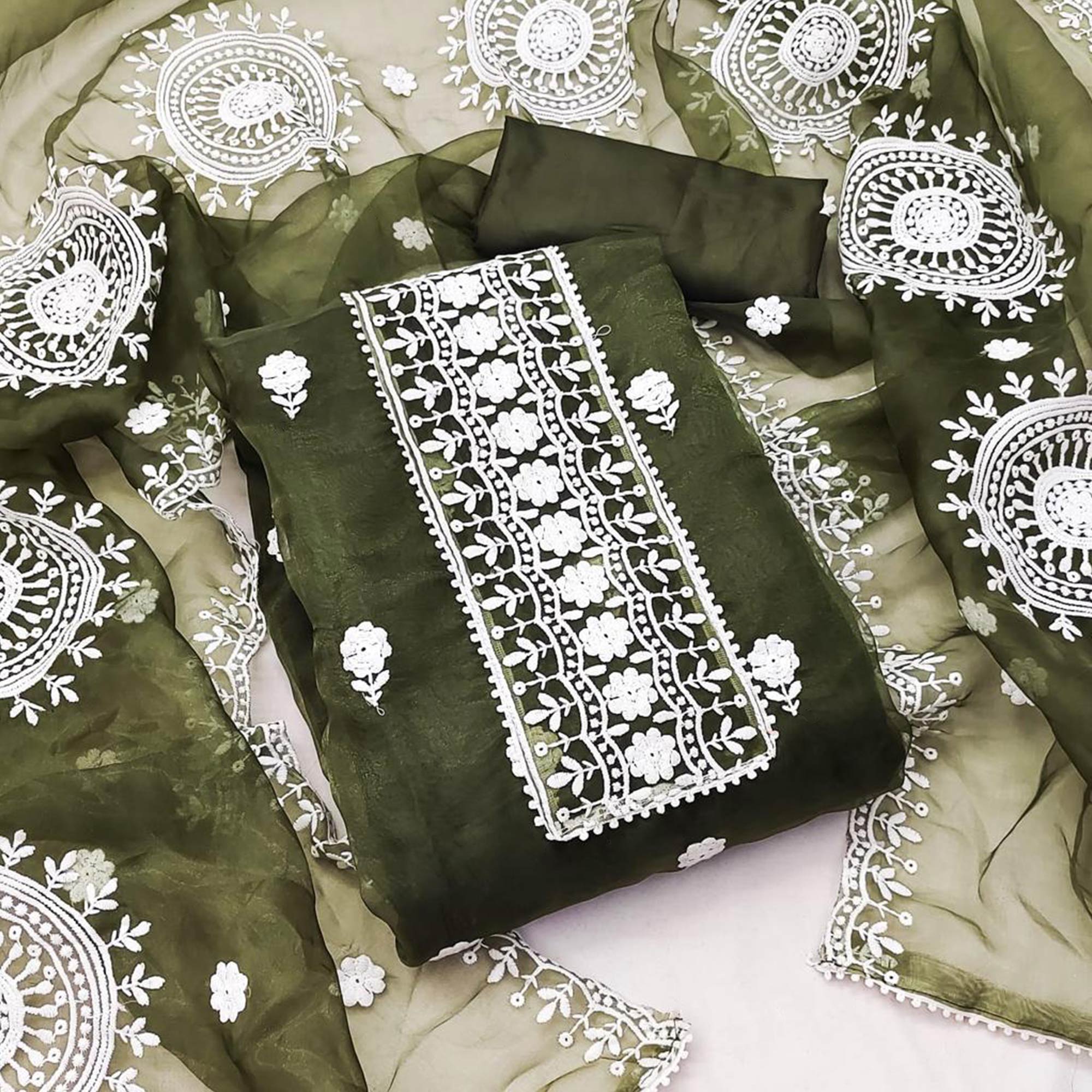 Mehendi Green Floral Embroidered Organza Dress Material