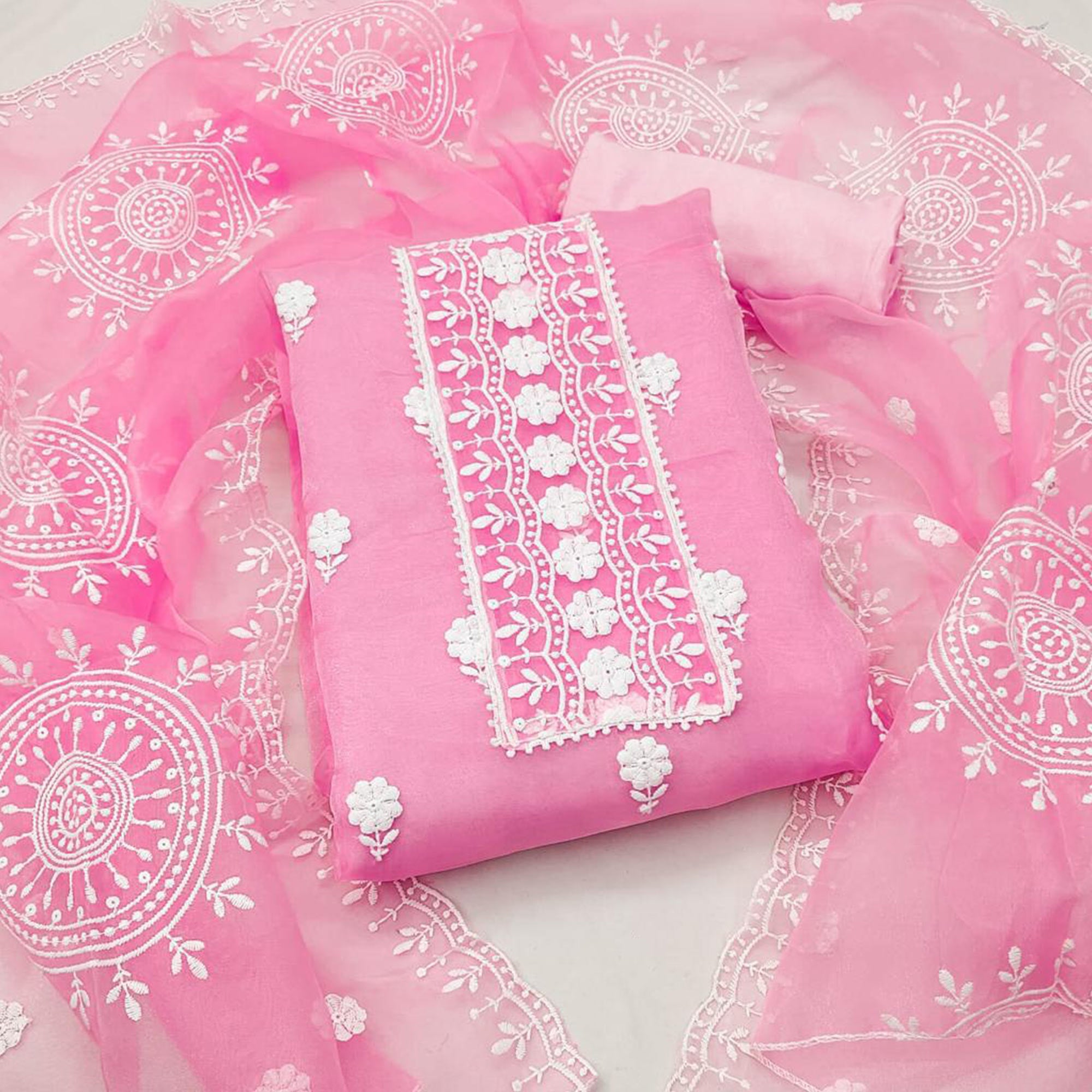 Pink Floral Embroidered Organza Dress Material