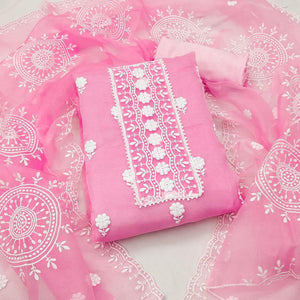Pink Floral Embroidered Organza Dress Material