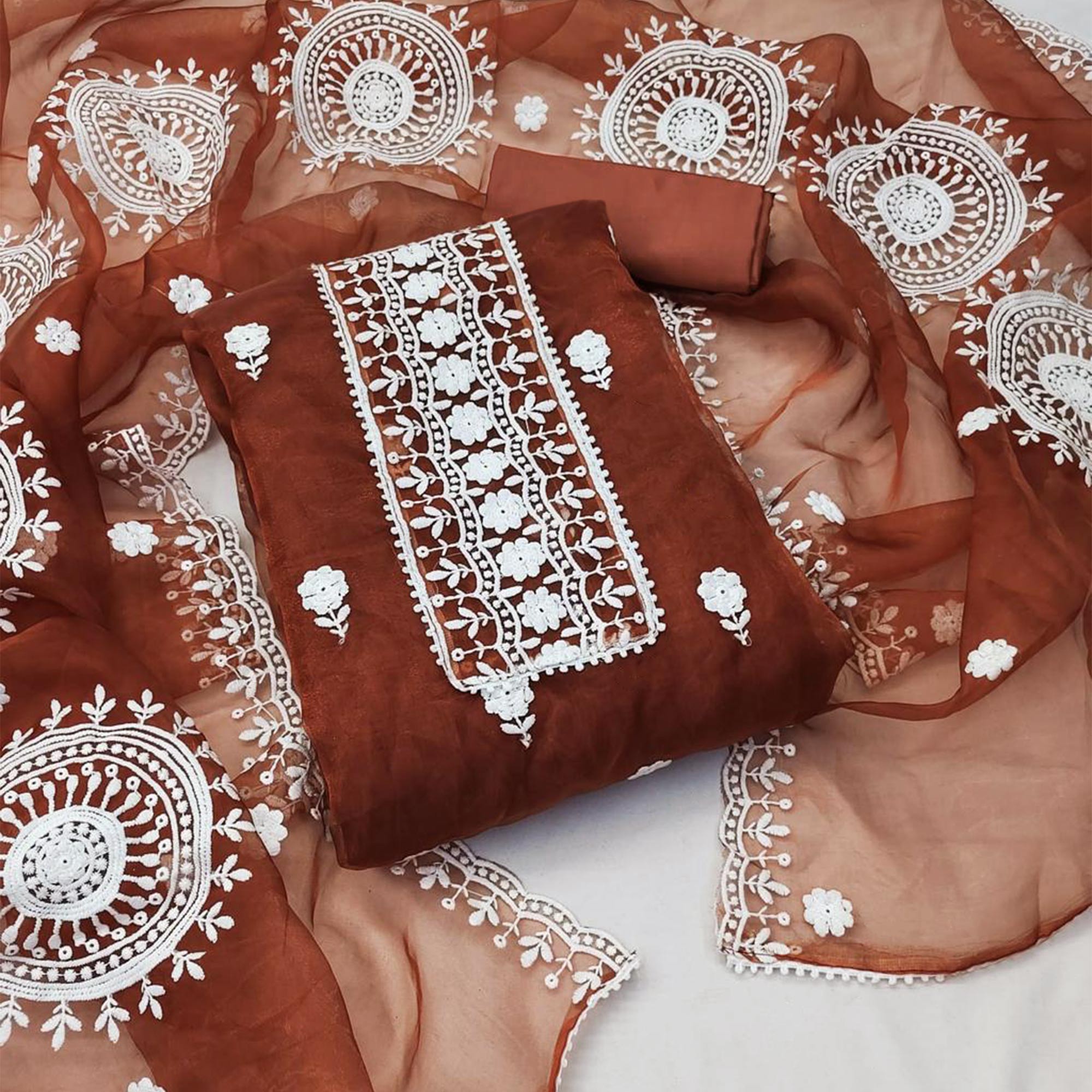 Rust Floral Embroidered Organza Dress Material