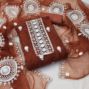 Rust Floral Embroidered Organza Dress Material