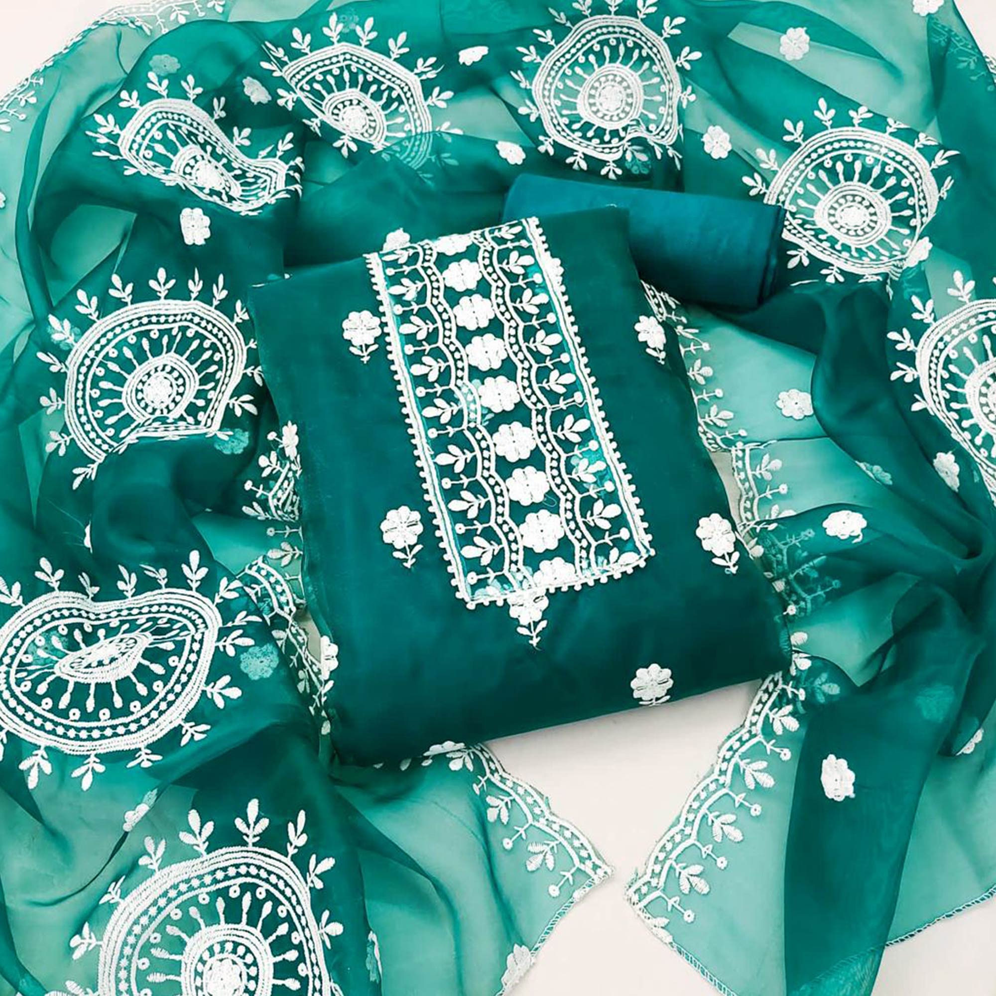 Teal Blue Floral Embroidered Organza Dress Material