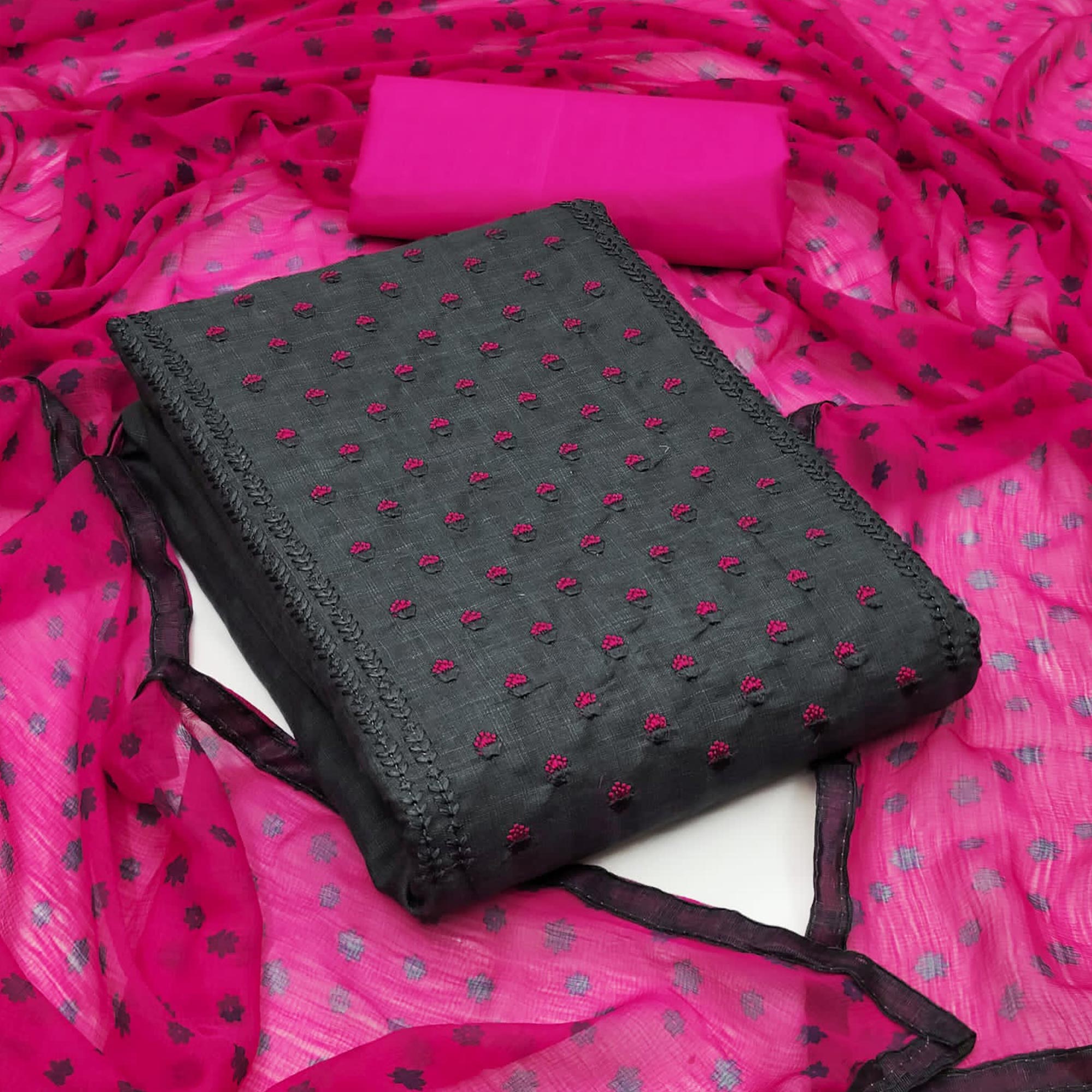 Grey Floral Embroidered Cotton Blend Dress Material