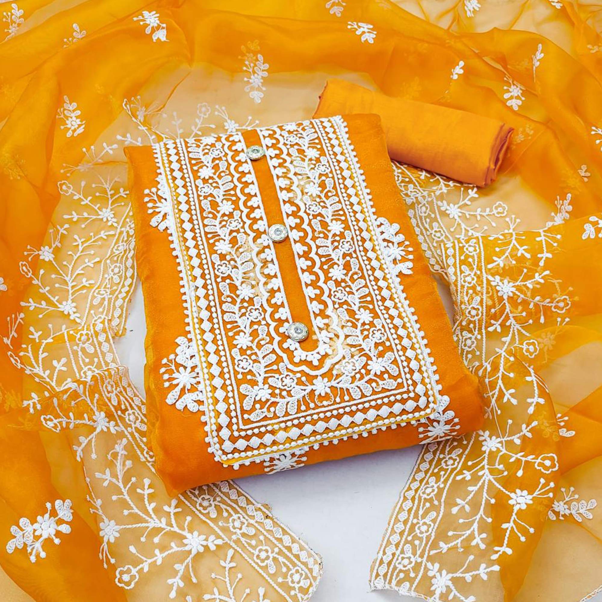 Bright Orange Floral Embroidered Organza Dress Material