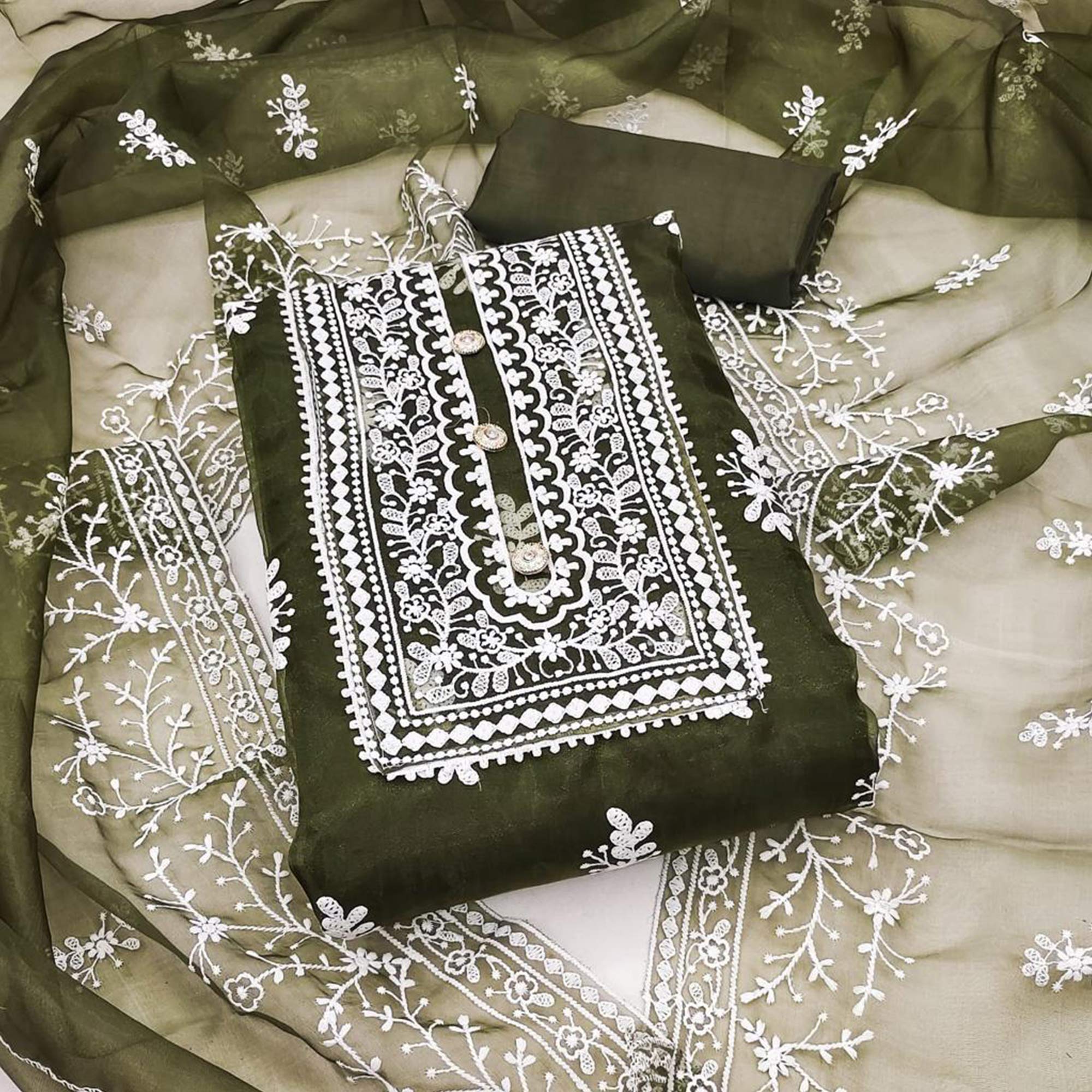 Mehendi Green Floral Embroidered Organza Dress Material