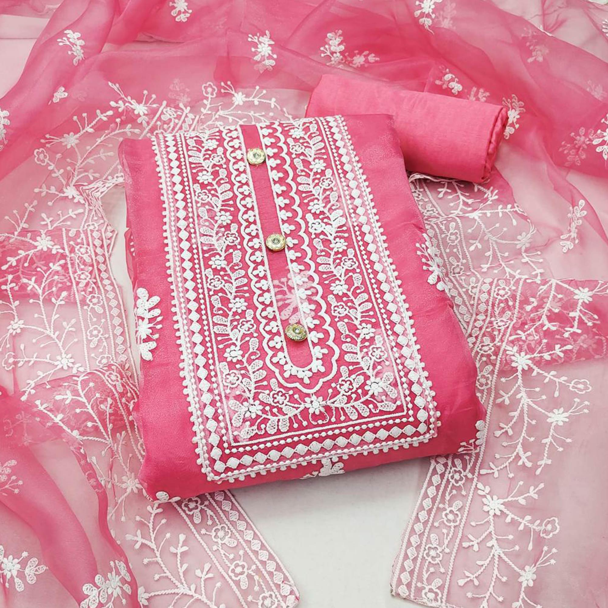 Pink Floral Embroidered Organza Dress Material