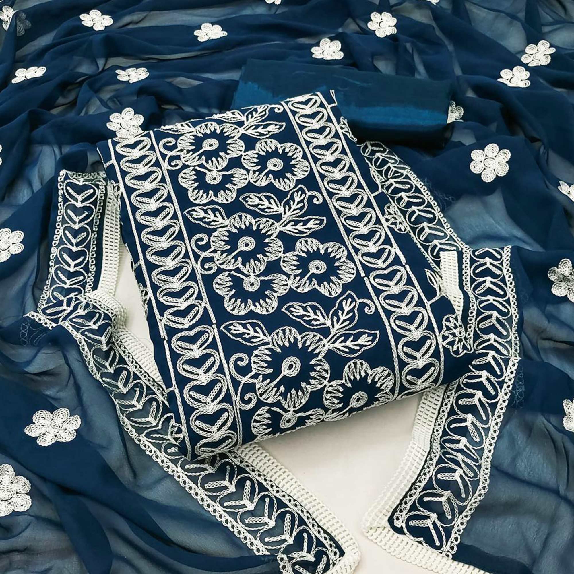 Blue Floral Embroidered Georgette Dress Material