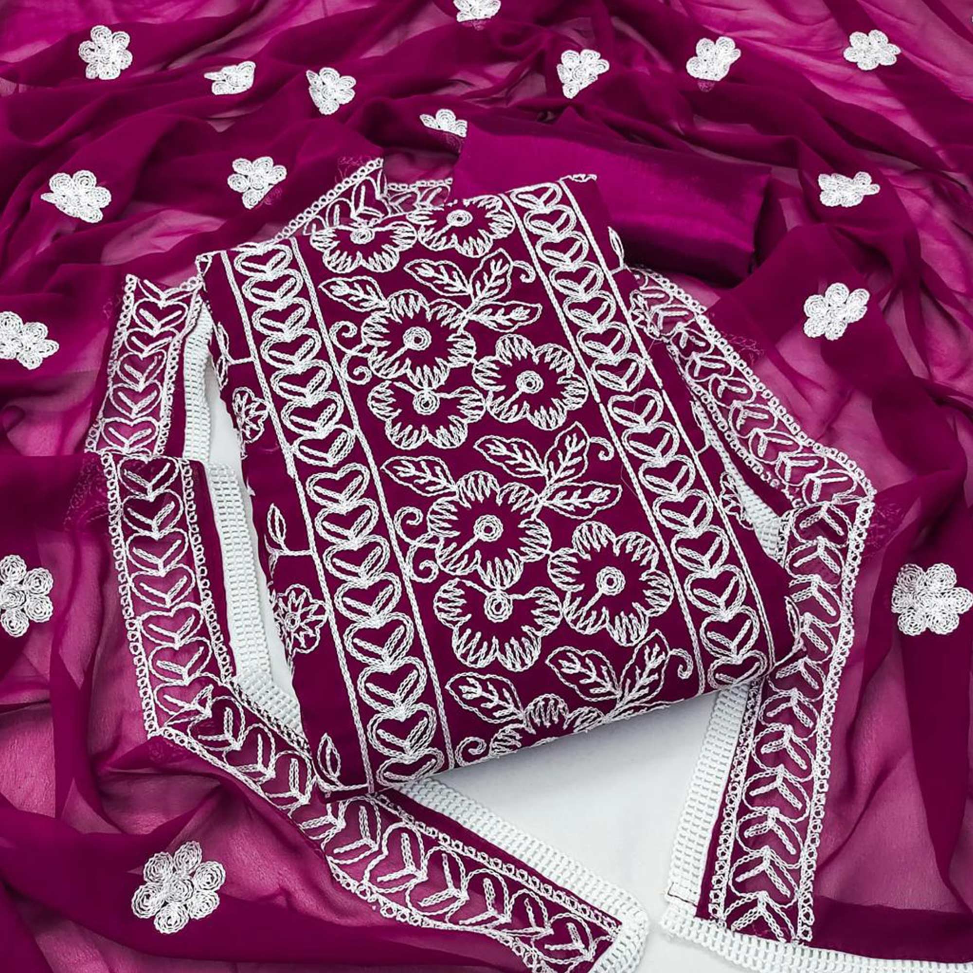 Wine Floral Embroidered Georgette Dress Material