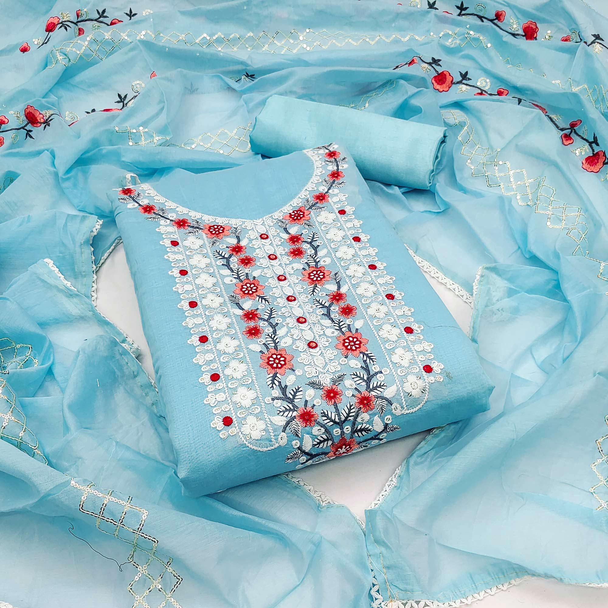 Blue Floral Embroidered Chanderi Dress Material