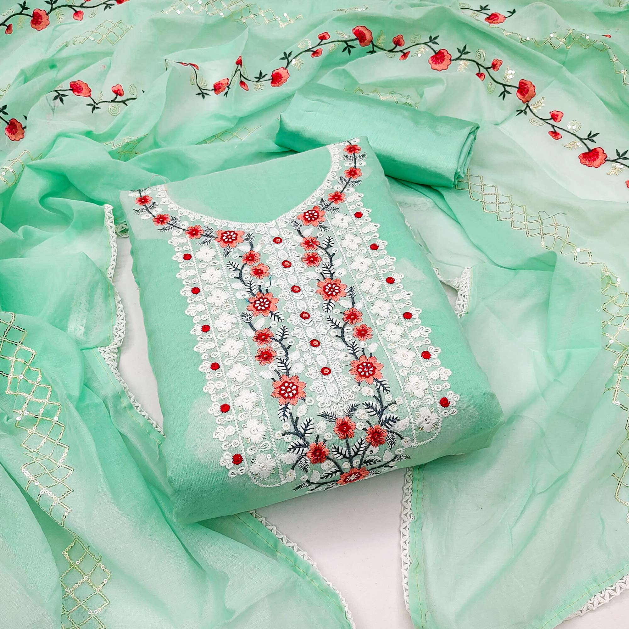 Sea Green Floral Embroidered Chanderi Dress Material