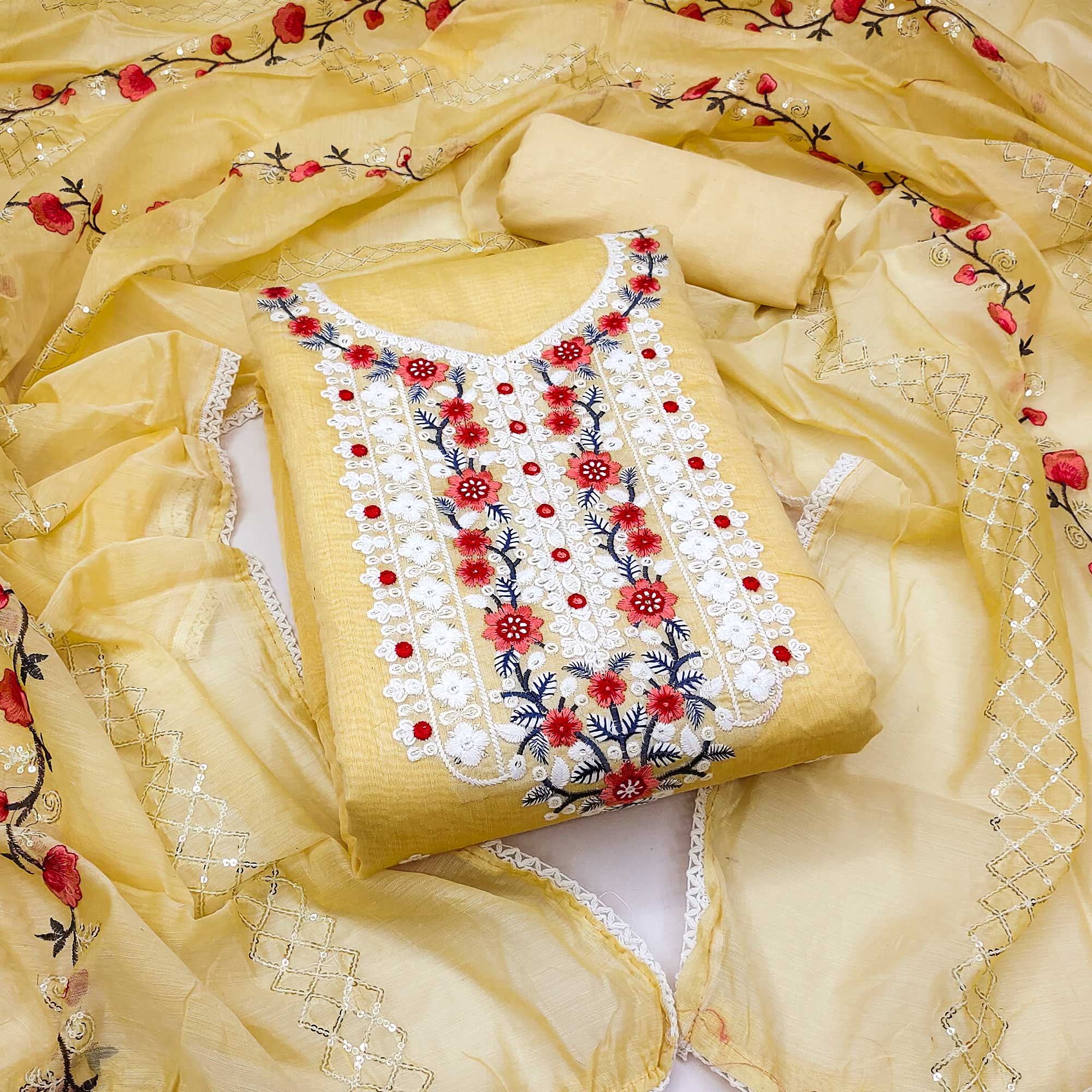 Yellow Floral Embroidered Chanderi Dress Material
