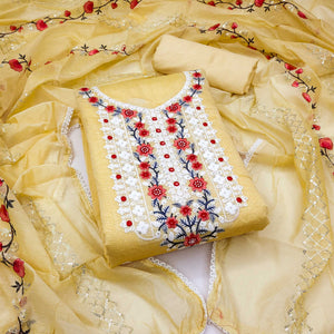 Yellow Floral Embroidered Chanderi Dress Material