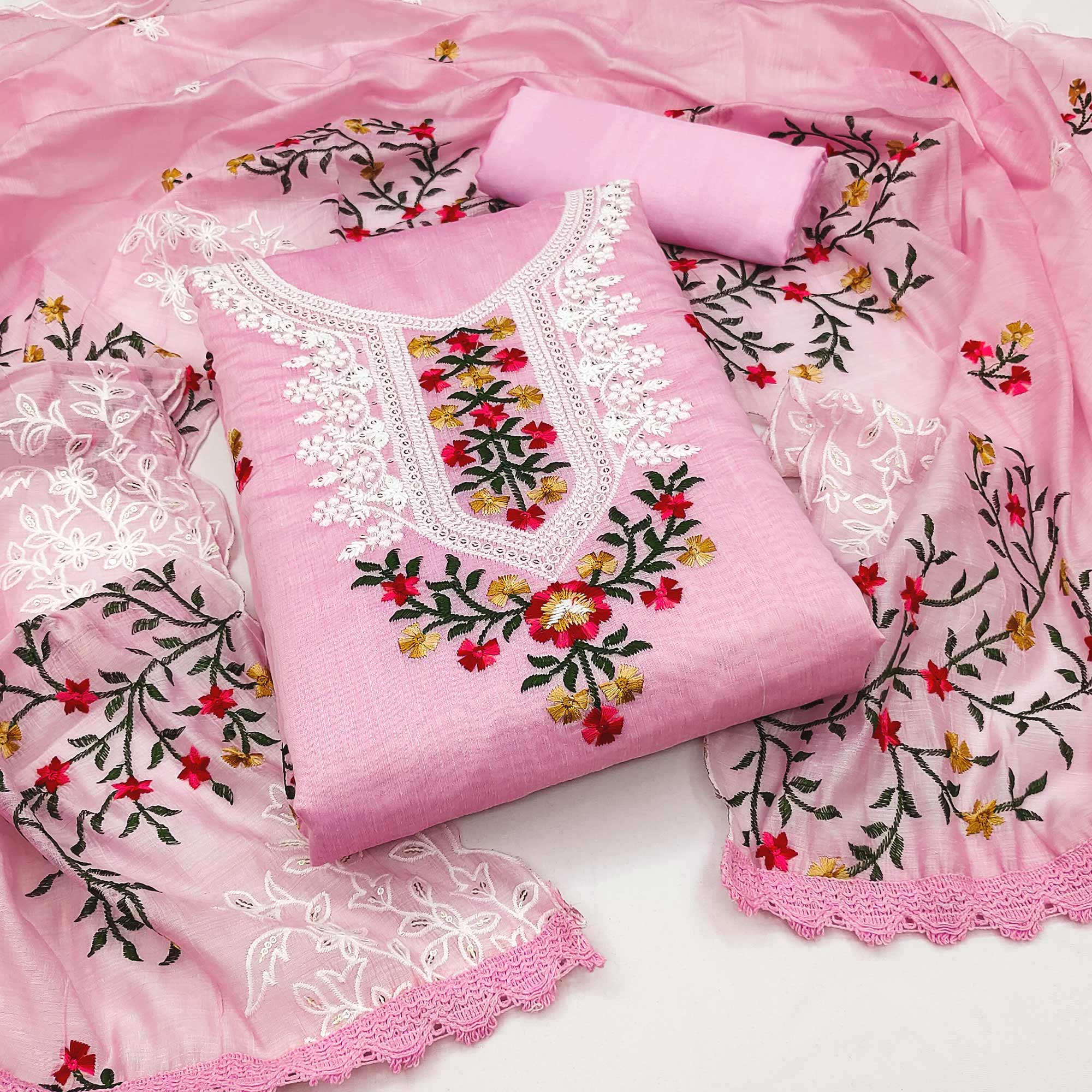 Pink Floral Embroidered Chanderi Dress Material