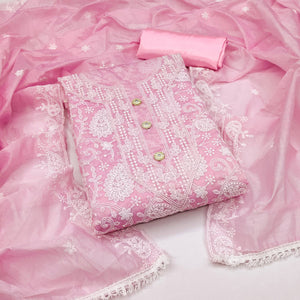 Pink Floral Embroidered Chanderi Dress Material