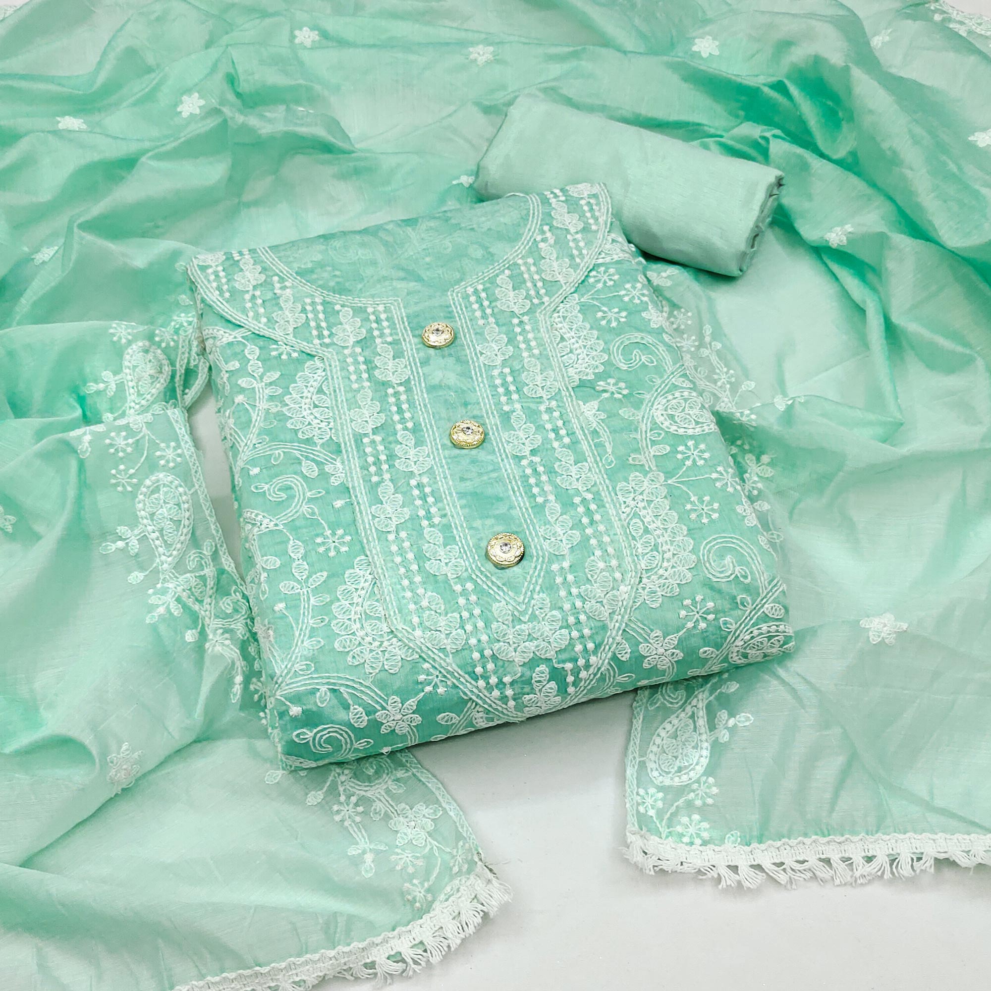 Sea Green Floral Embroidered Chanderi Dress Material