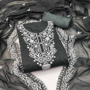 Grey Floral Embroidered Chanderi Dress Material