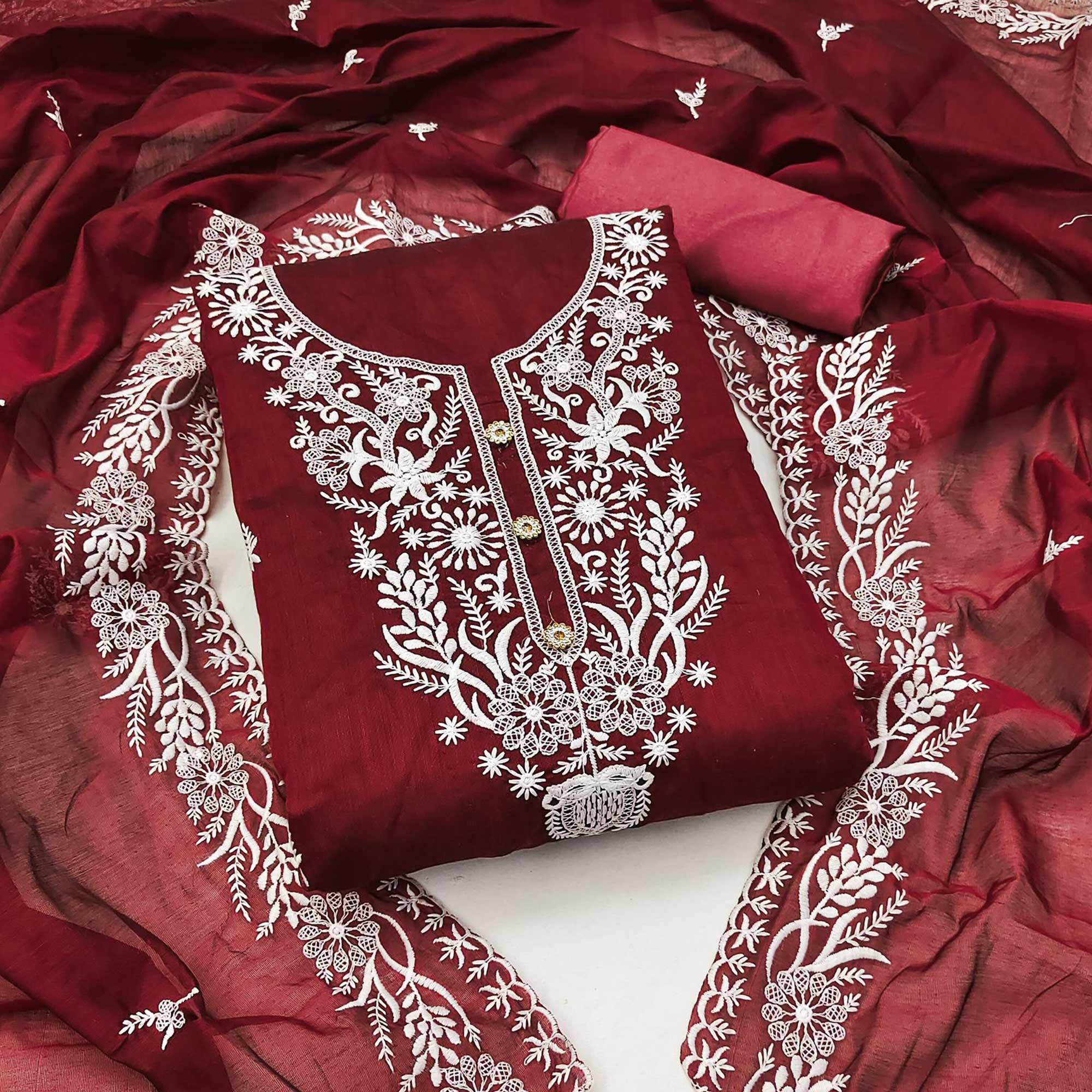 Maroon Floral Embroidered Chanderi Dress Material