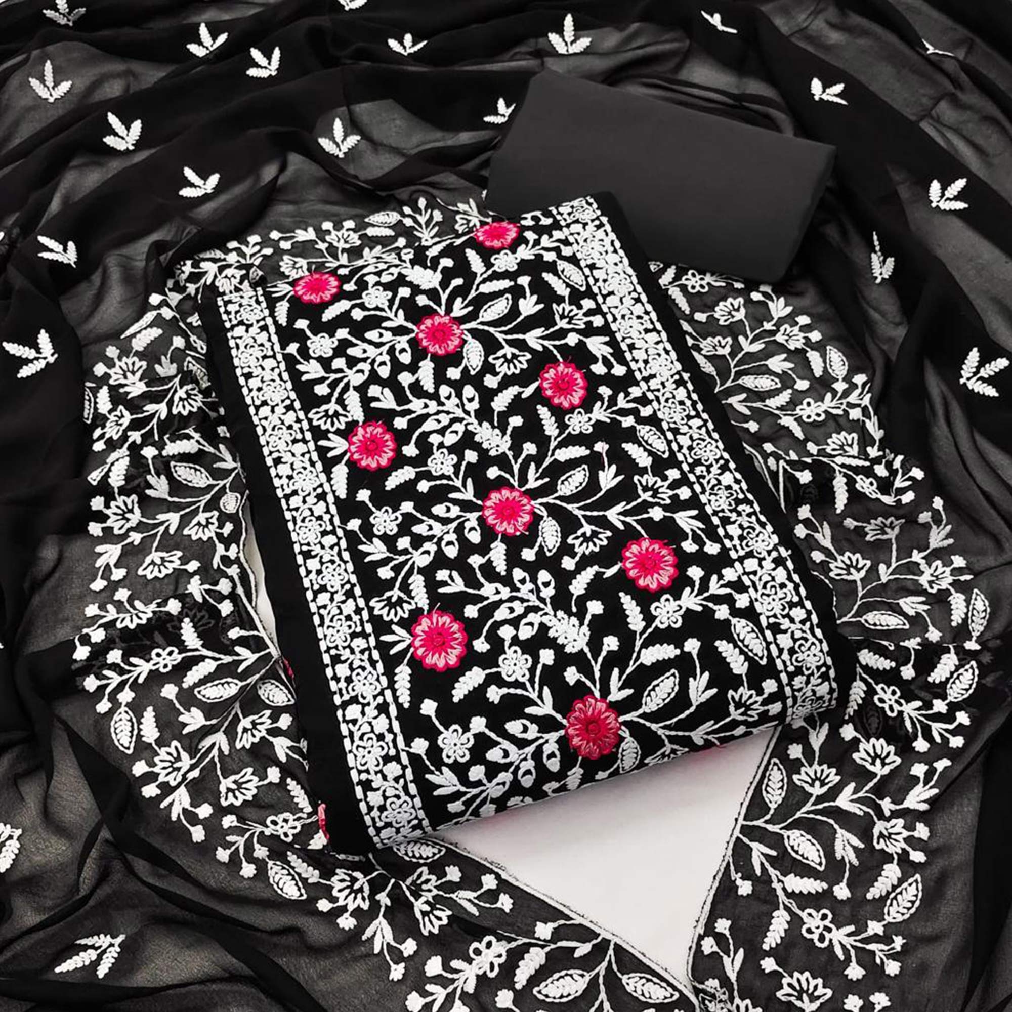 Black Floral Embroidered Georgette Dress Material
