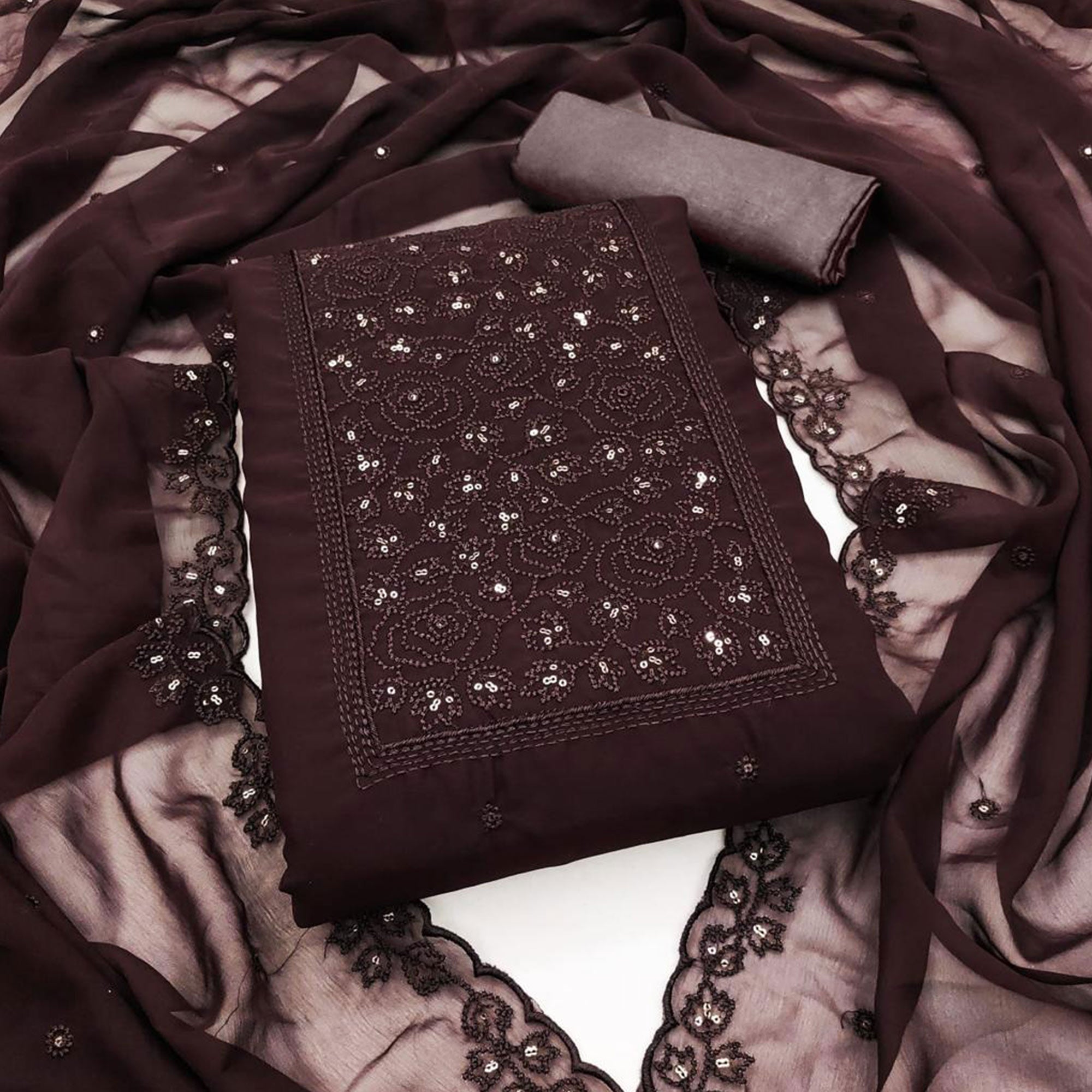 Brown Floral Embroidered Georgette Dress Material