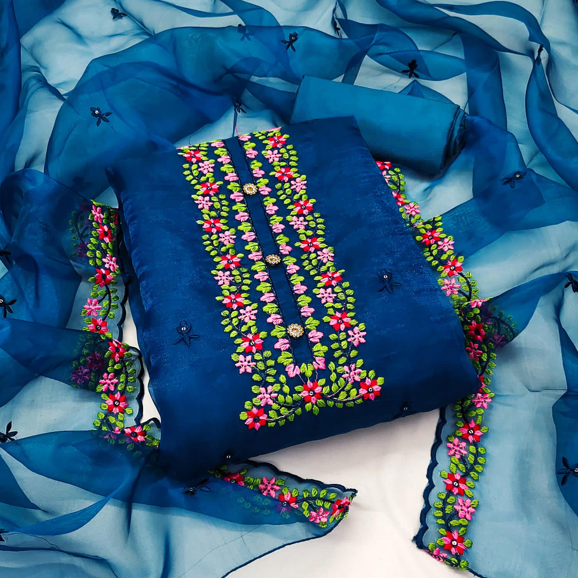 Teal Blue Floral Embroidered Organza Dress Material