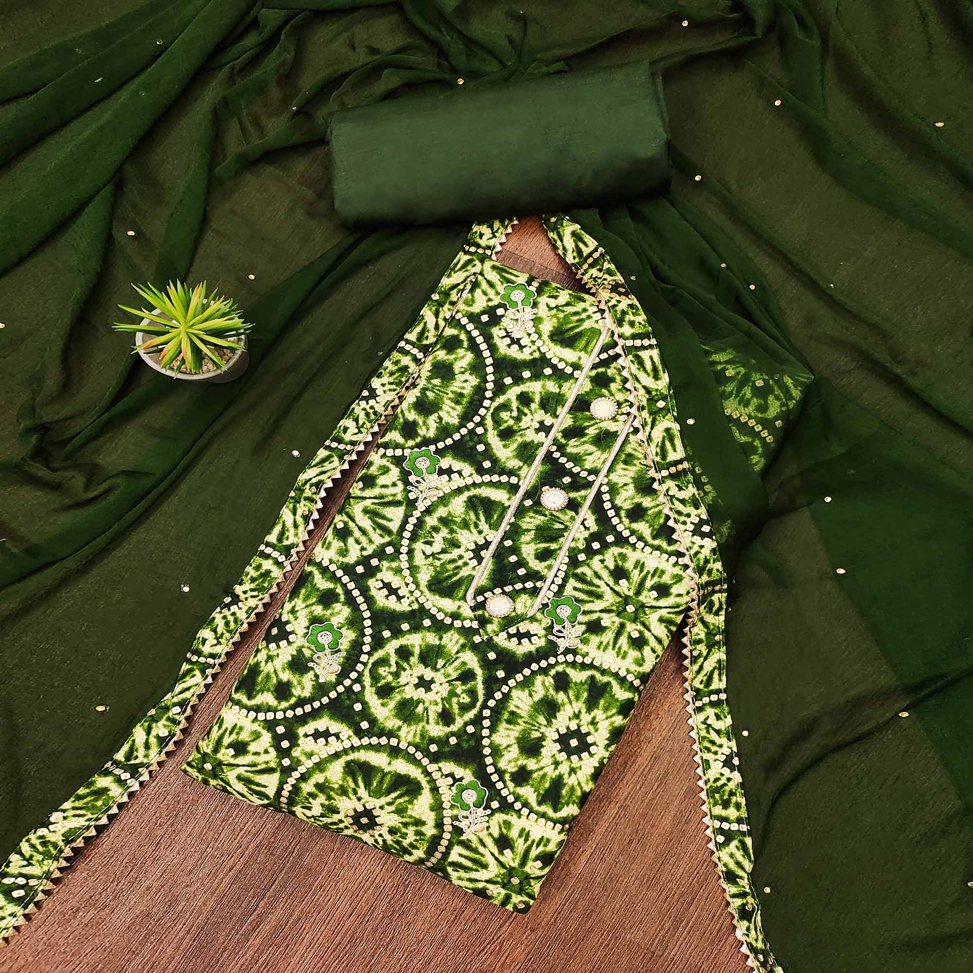 Green Foil Printed Rayon Dress Material