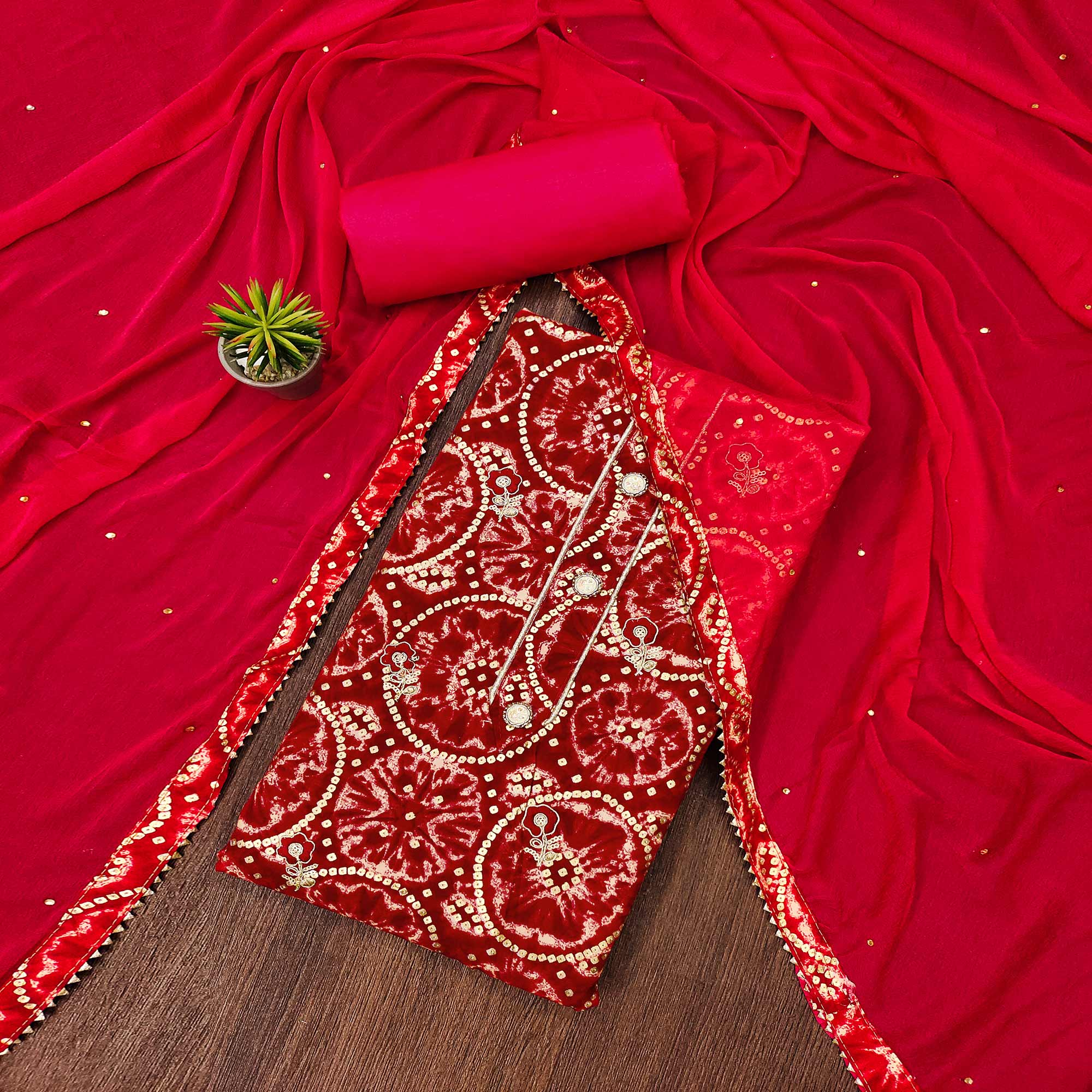 Red Foil Printed Rayon Dress Material