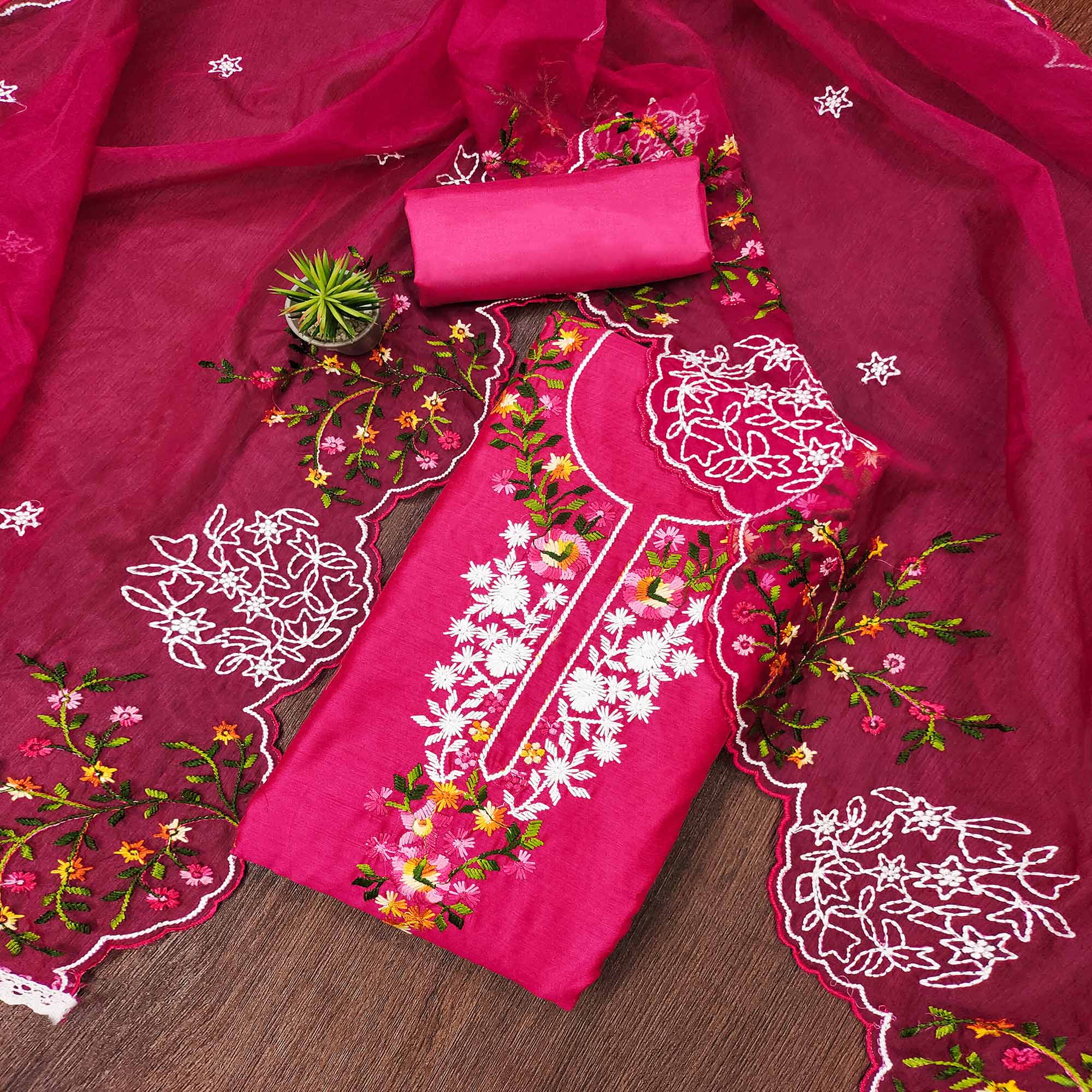 Pink Floral Embroidered Chanderi Dress Material