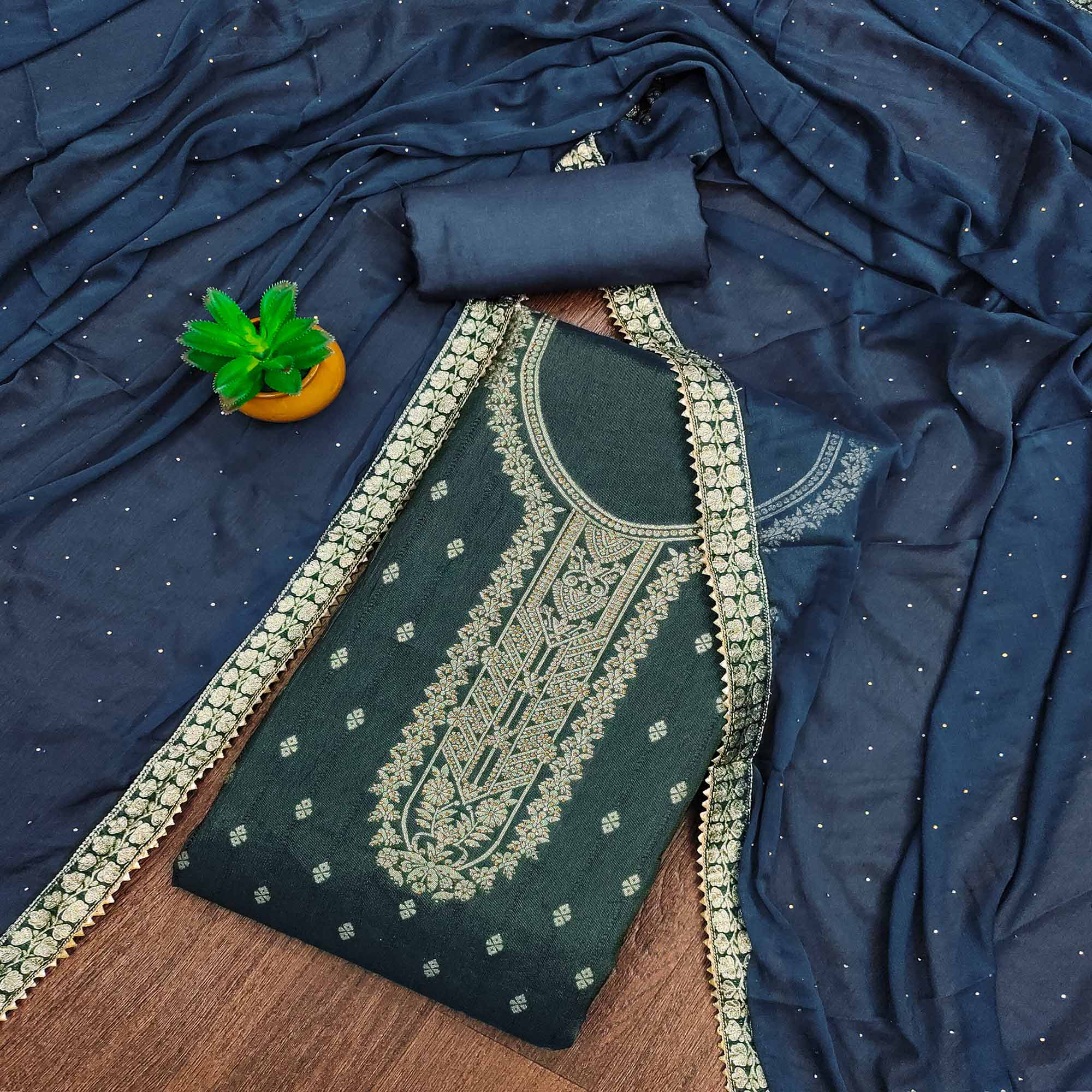 Blue Floral Woven Jacquard Dress Material