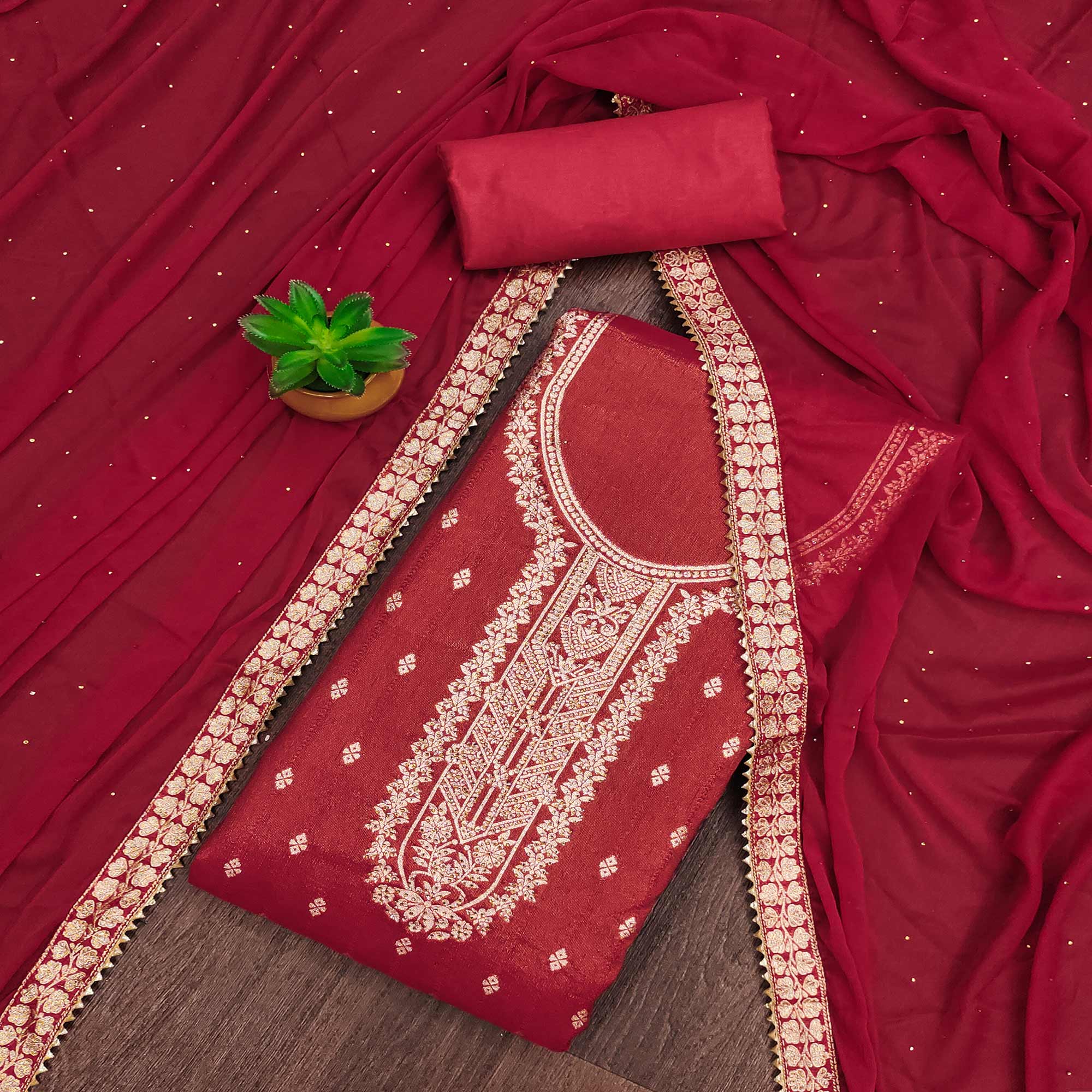 Red Floral Woven Jacquard Dress Material