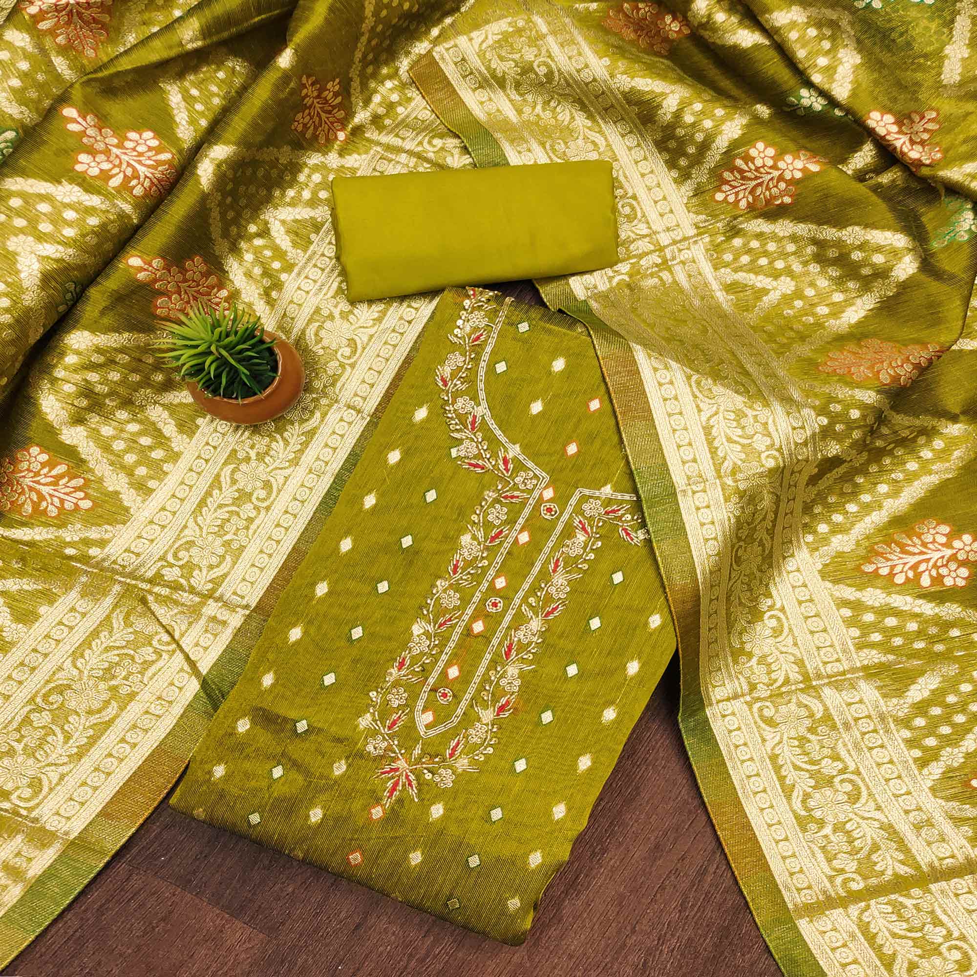 Olive Woven Jacquard Dress Material