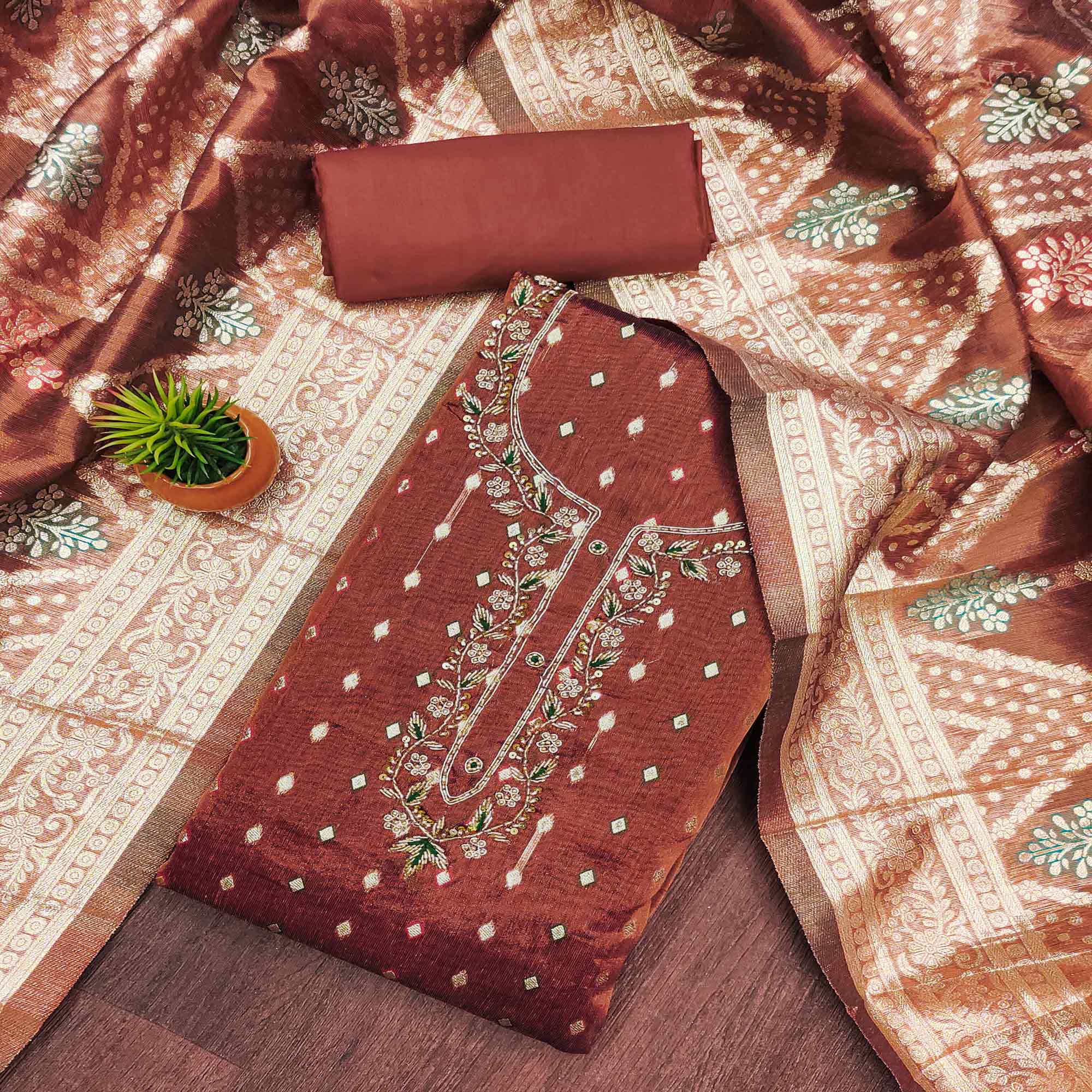 Rust Woven Jacquard Dress Material