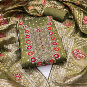 Green Woven With Sequins Embroidered Simmer Cotton Silk Dress Material