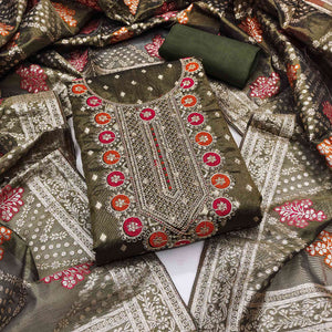 Mehendi Green Woven With Sequins Embroidered Simmer Cotton Silk Dress Material