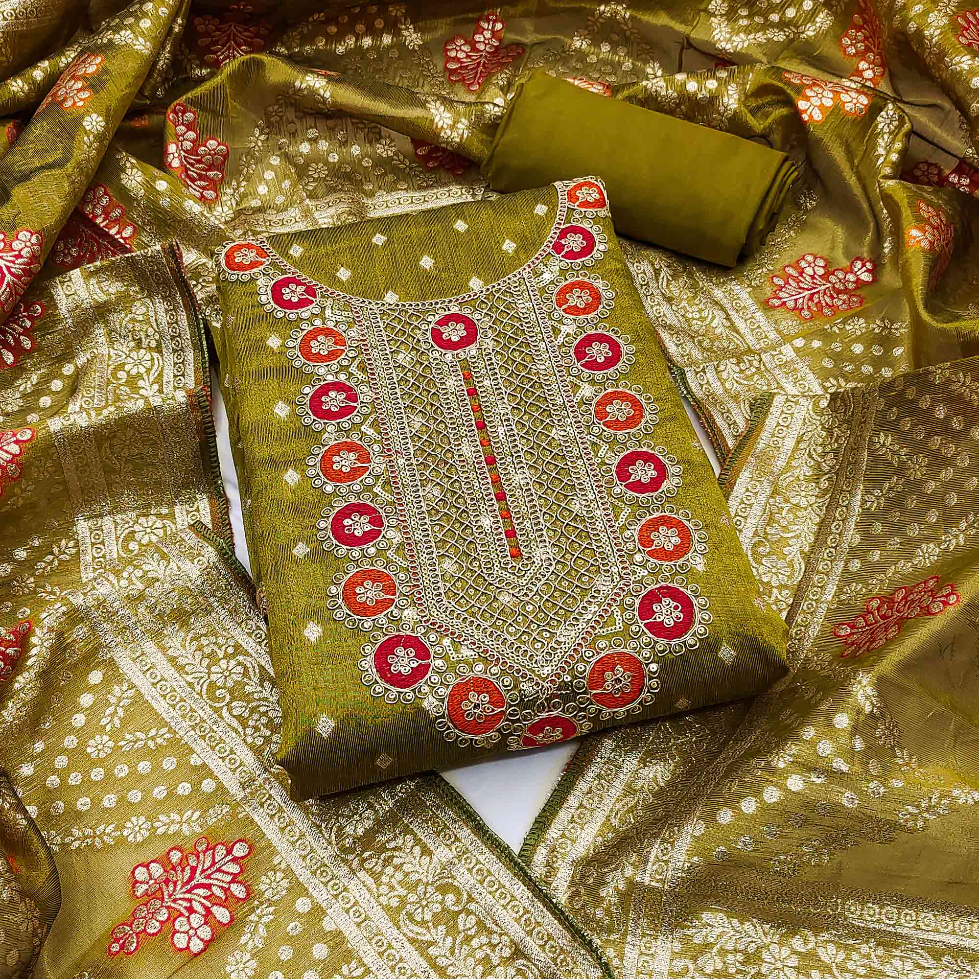 Olive Woven With Sequins Embroidered Simmer Cotton Silk Dress Material