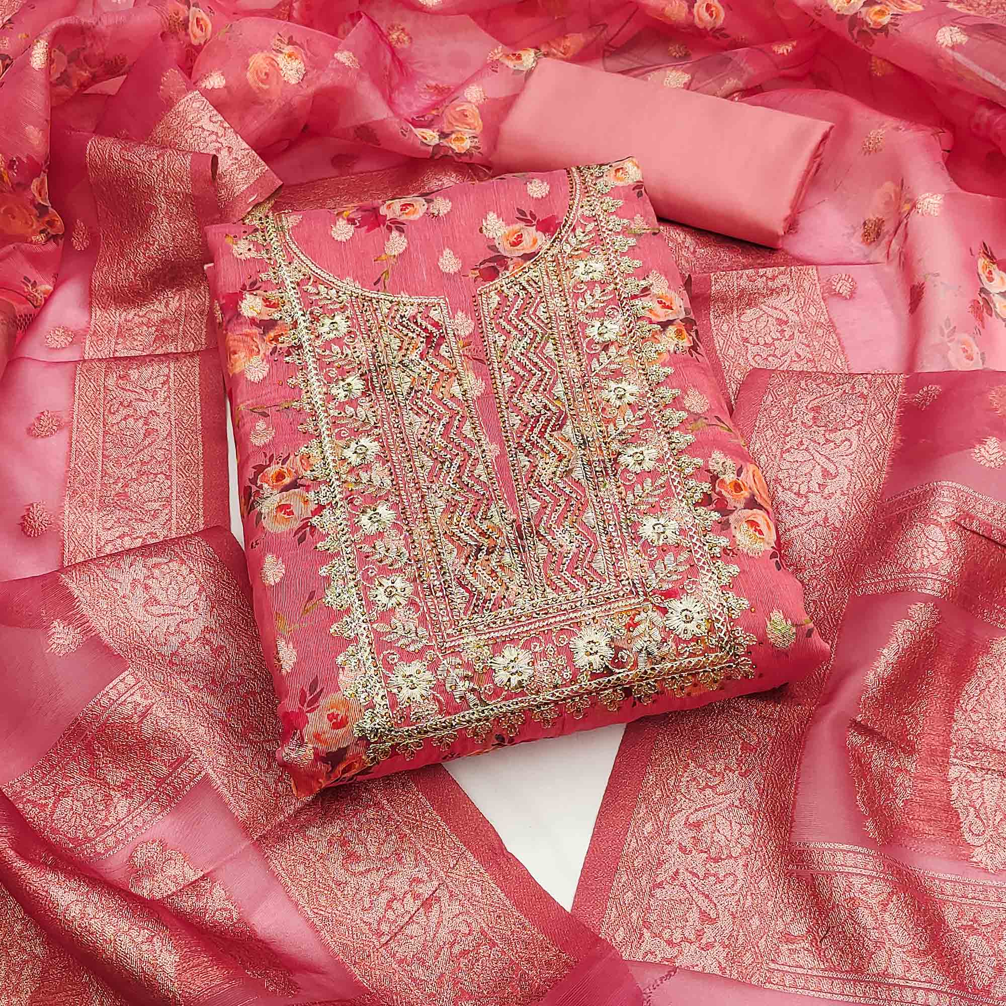 Gajri Pink Floral Print With Zari Woven Cotton Silk Dress Material