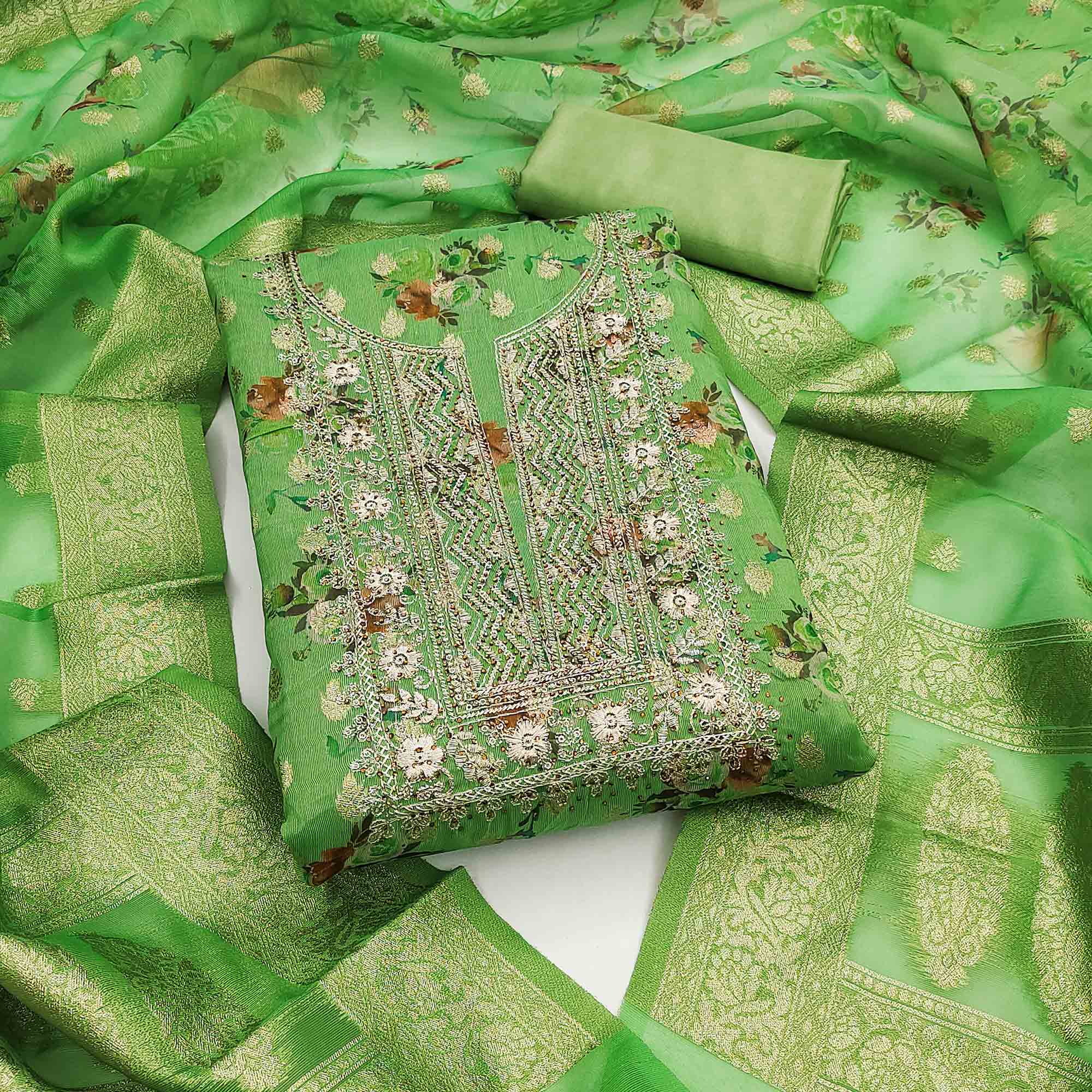 Green Floral Print With Zari Woven Cotton Silk Dress Material