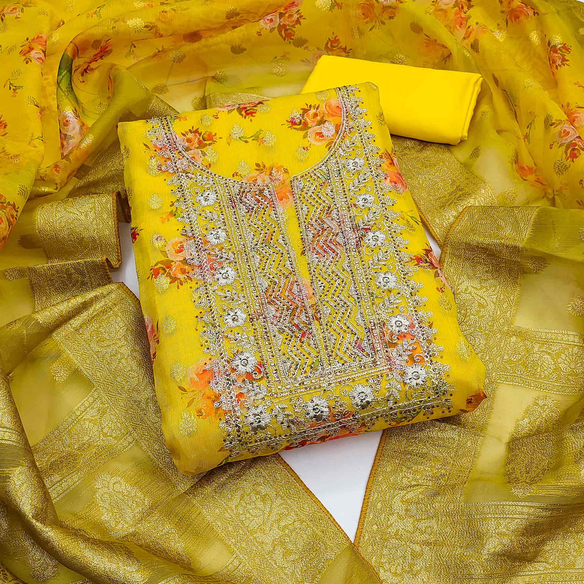 Yellow Floral Print With Zari Woven Cotton Silk Dress Material