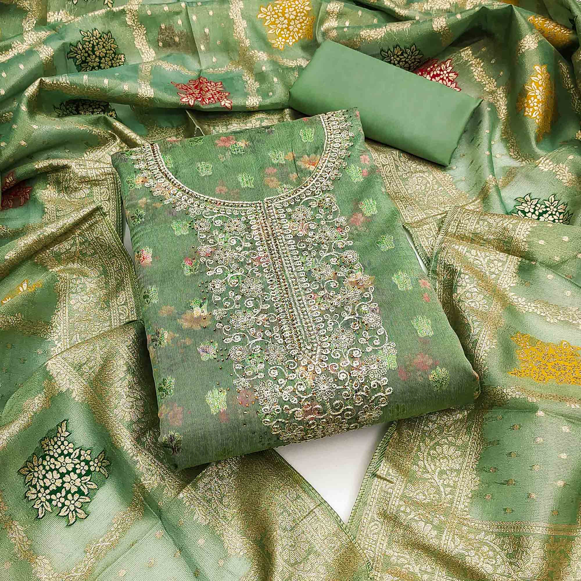 Green Floral Print With Zari Woven Cotton Silk Dress Material