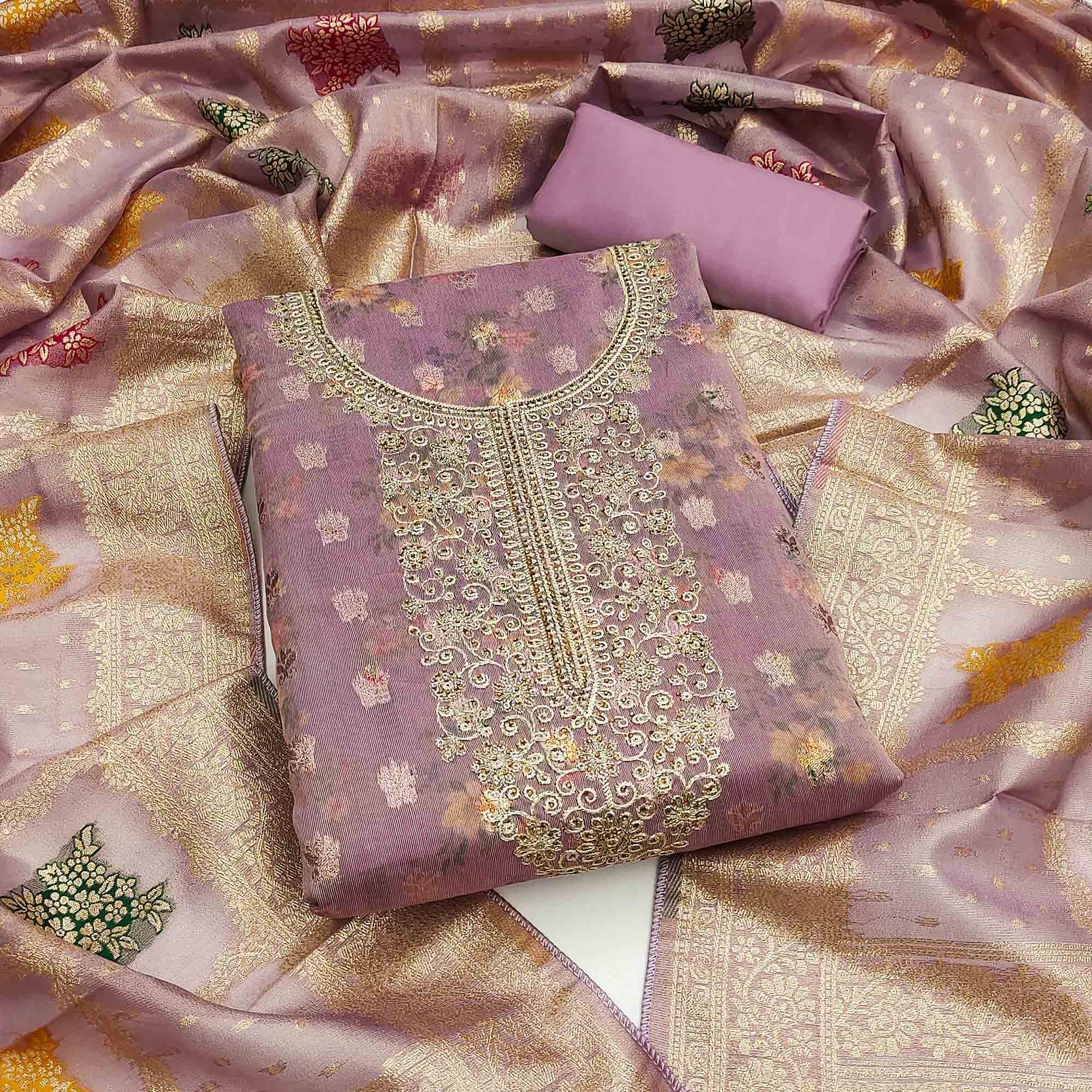 Mauve Floral Print With Zari Woven Cotton Silk Dress Material