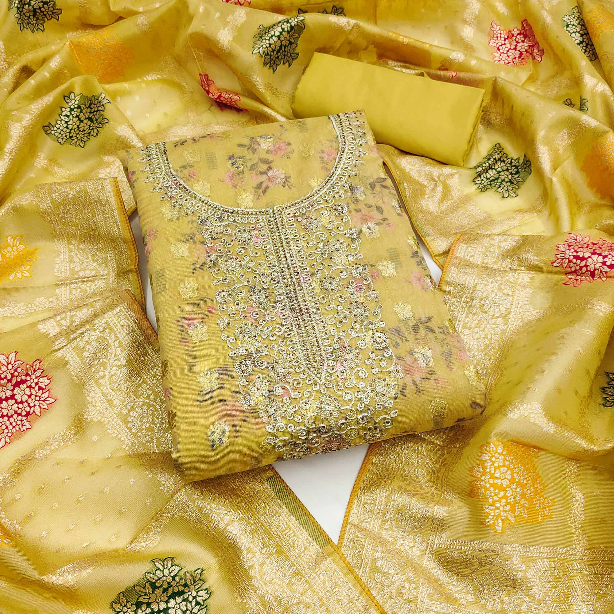 Mustard Floral Print With Zari Woven Cotton Silk Dress Material