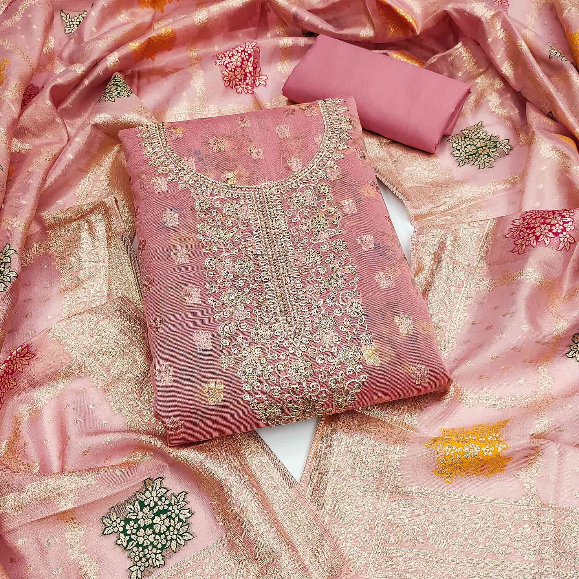 Pink Floral Print With Zari Woven Cotton Silk Dress Material