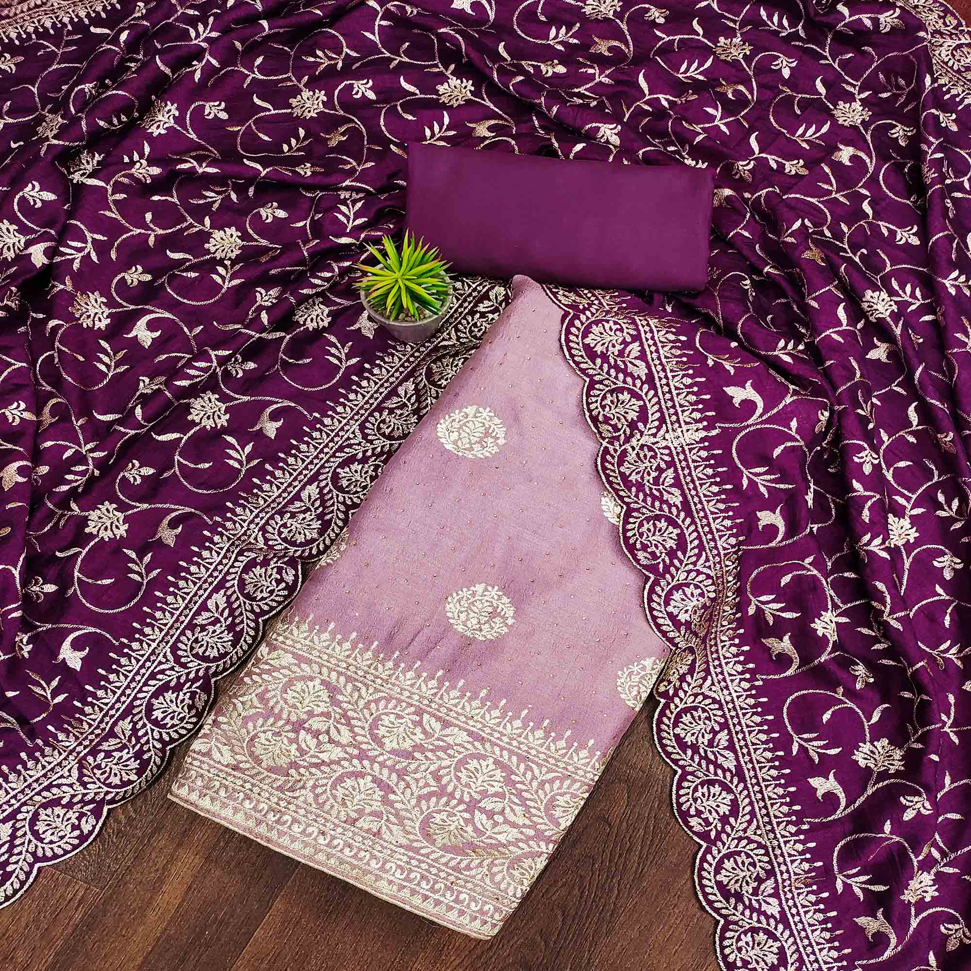 Mauve Floral Embroidered Chinon Dress Material