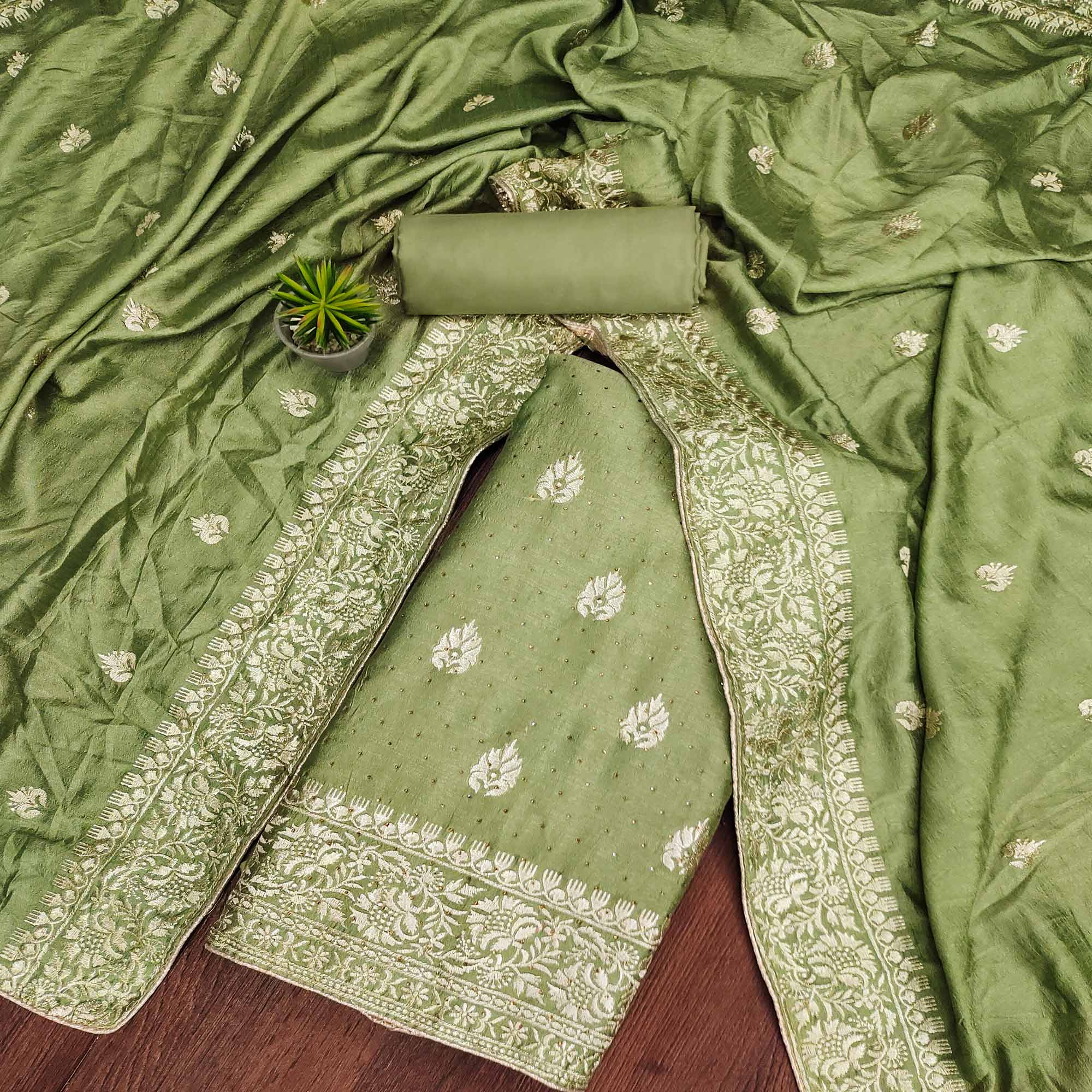 Green Floral Embroidered Chinon Dress Material