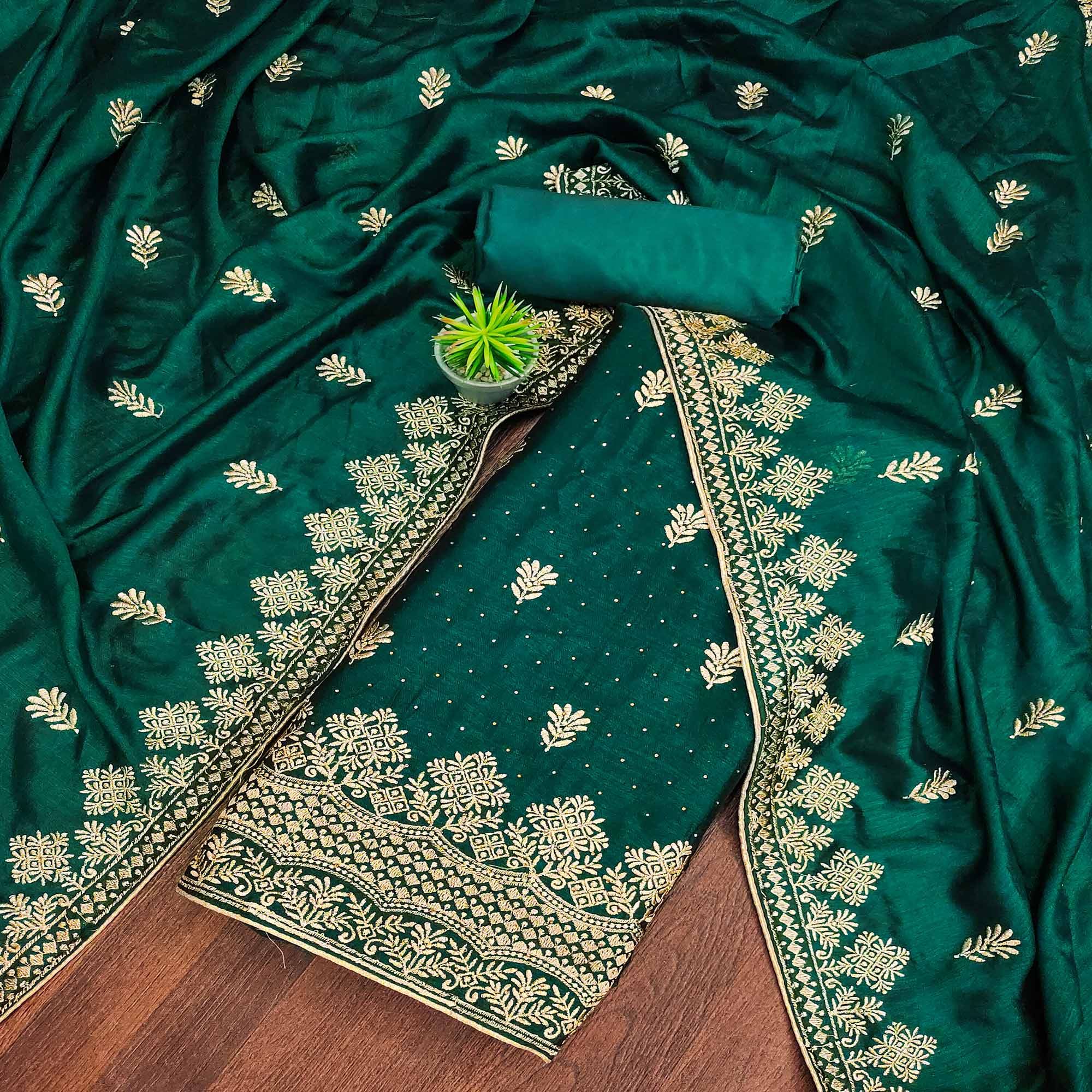 Green Floral Embroidered Chinon Dress Material
